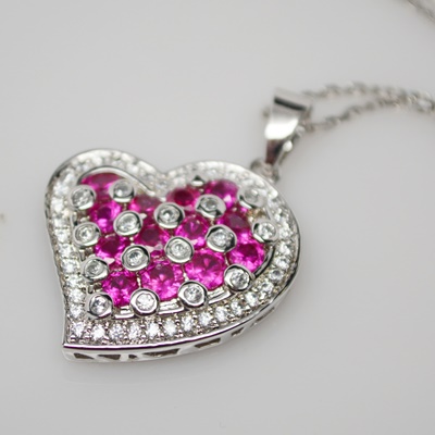Sterling Silver Synthetic Ruby and Cubic Zirconia Heart Pendant Necklace