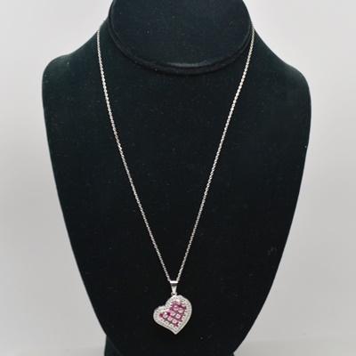 Sterling Silver Synthetic Ruby and Cubic Zirconia Heart Pendant Necklace