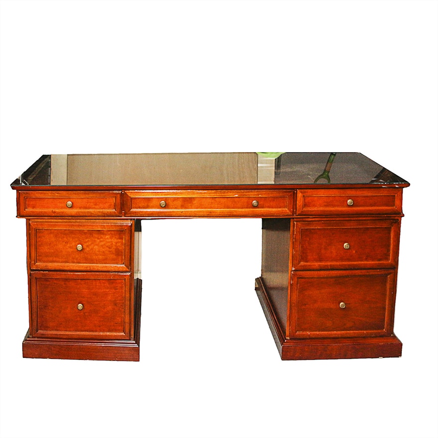 Traditional Wooden Desk by Bombay with Custom Cut Glass Surface