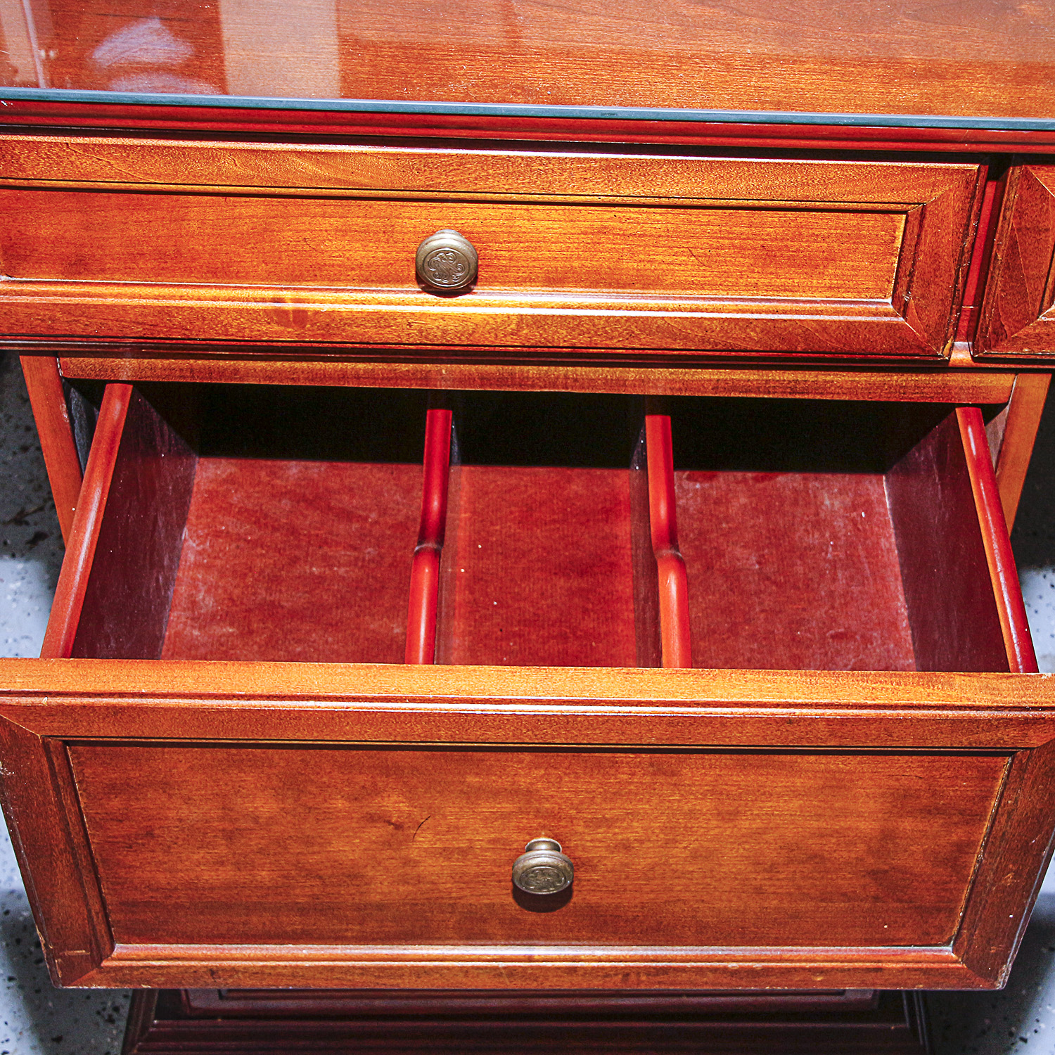 Traditional Wooden Desk by Bombay with Custom Cut Glass Surface