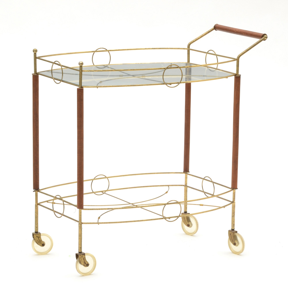 Vintage Serving Cart in Brass Tone Metal and Wood
