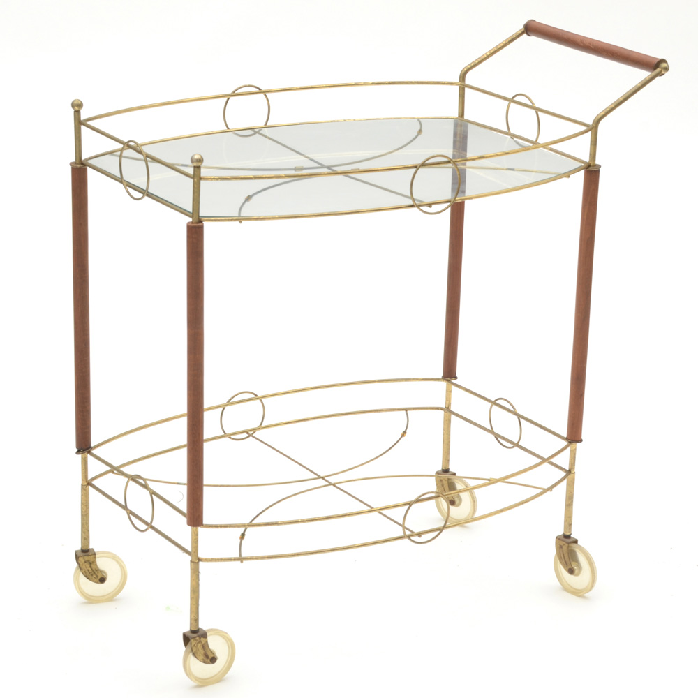 Vintage Serving Cart in Brass Tone Metal and Wood
