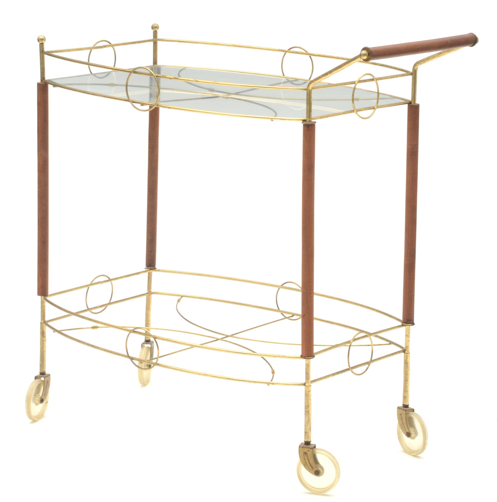 Vintage Serving Cart in Brass Tone Metal and Wood