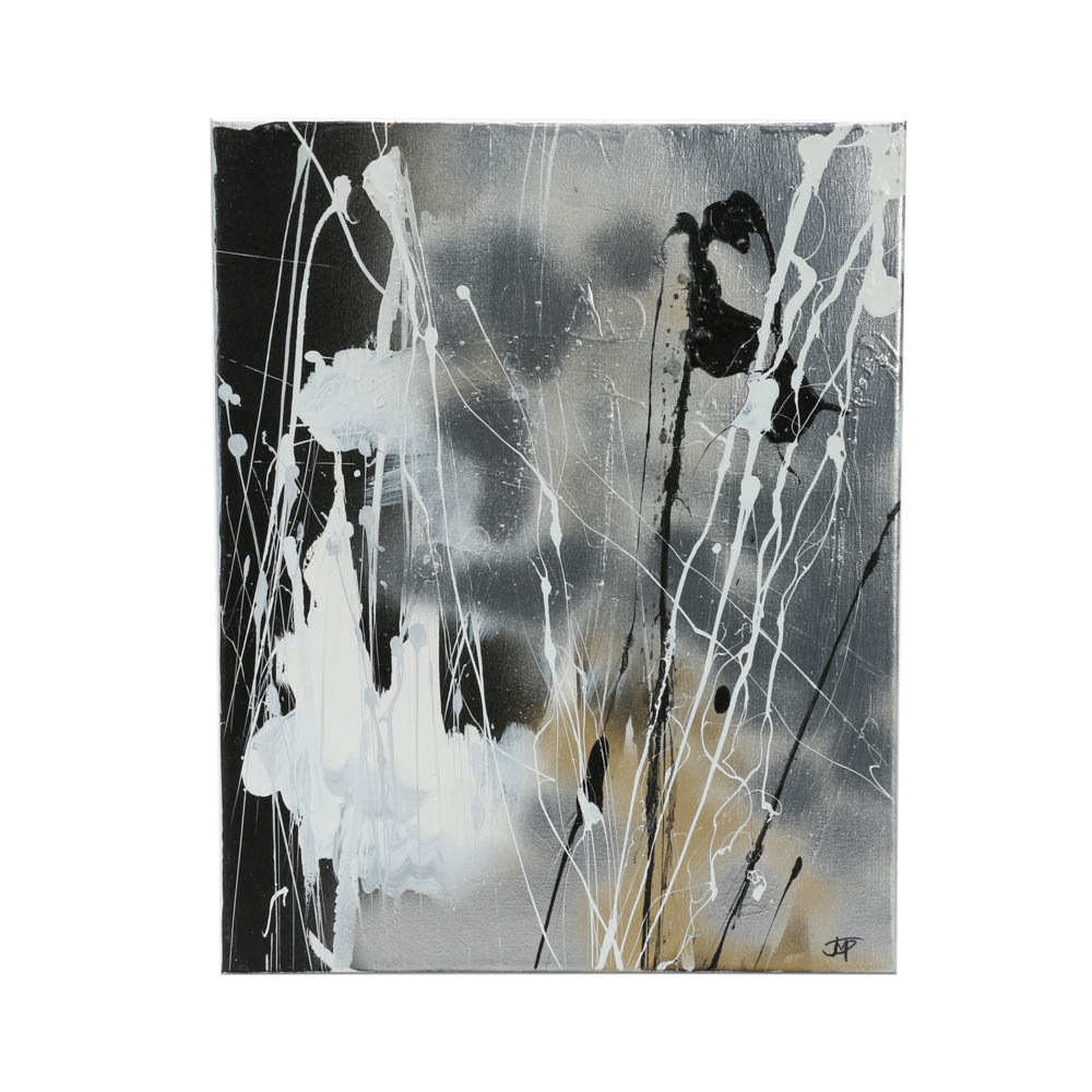 Robbie Kemper Original Mixed Media Painting "Silver Black White and a Gold Dab"