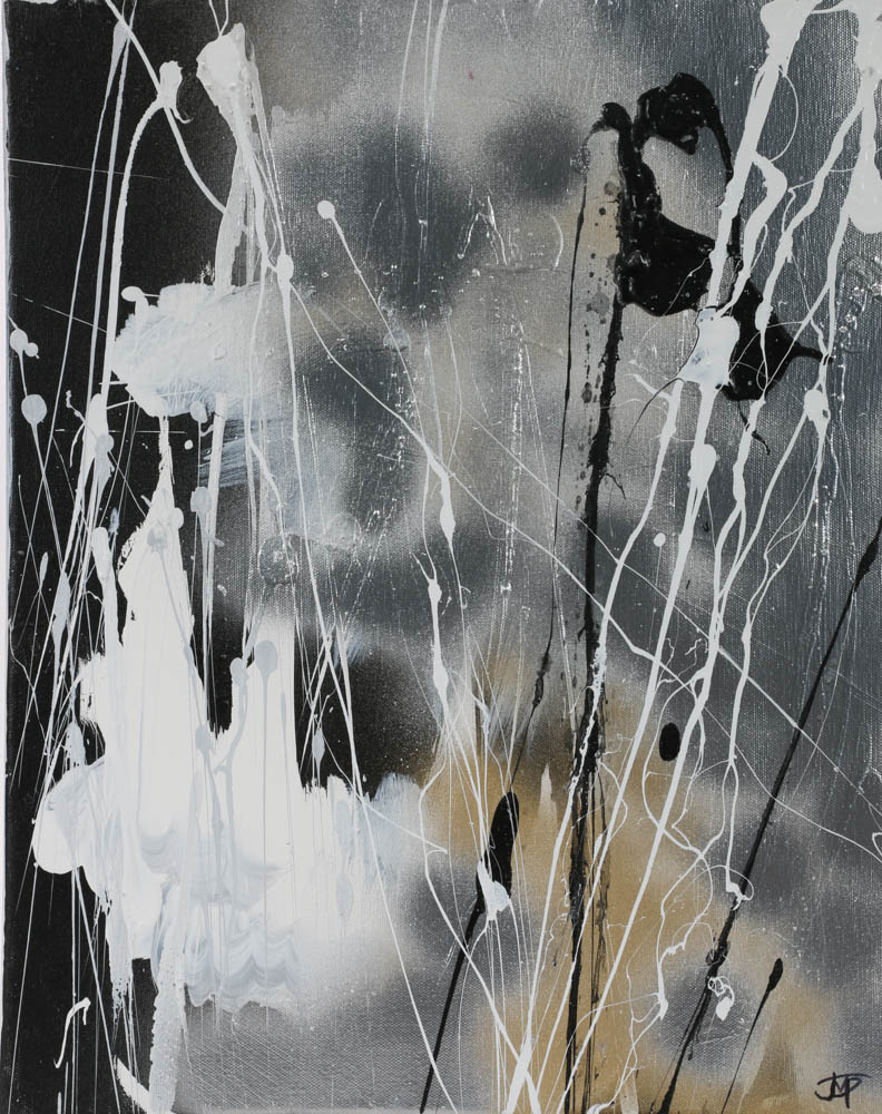 Robbie Kemper Original Mixed Media Painting "Silver Black White and a Gold Dab"