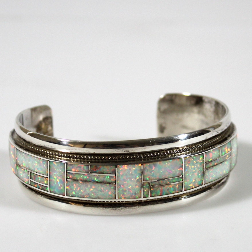 Marvelous Vintage Native American Navajo Synthetic Opal Sterling Silver Bracelet Marvelous Vintage Native American Navajo Synthetic Opal Sterling Silver Bracelet