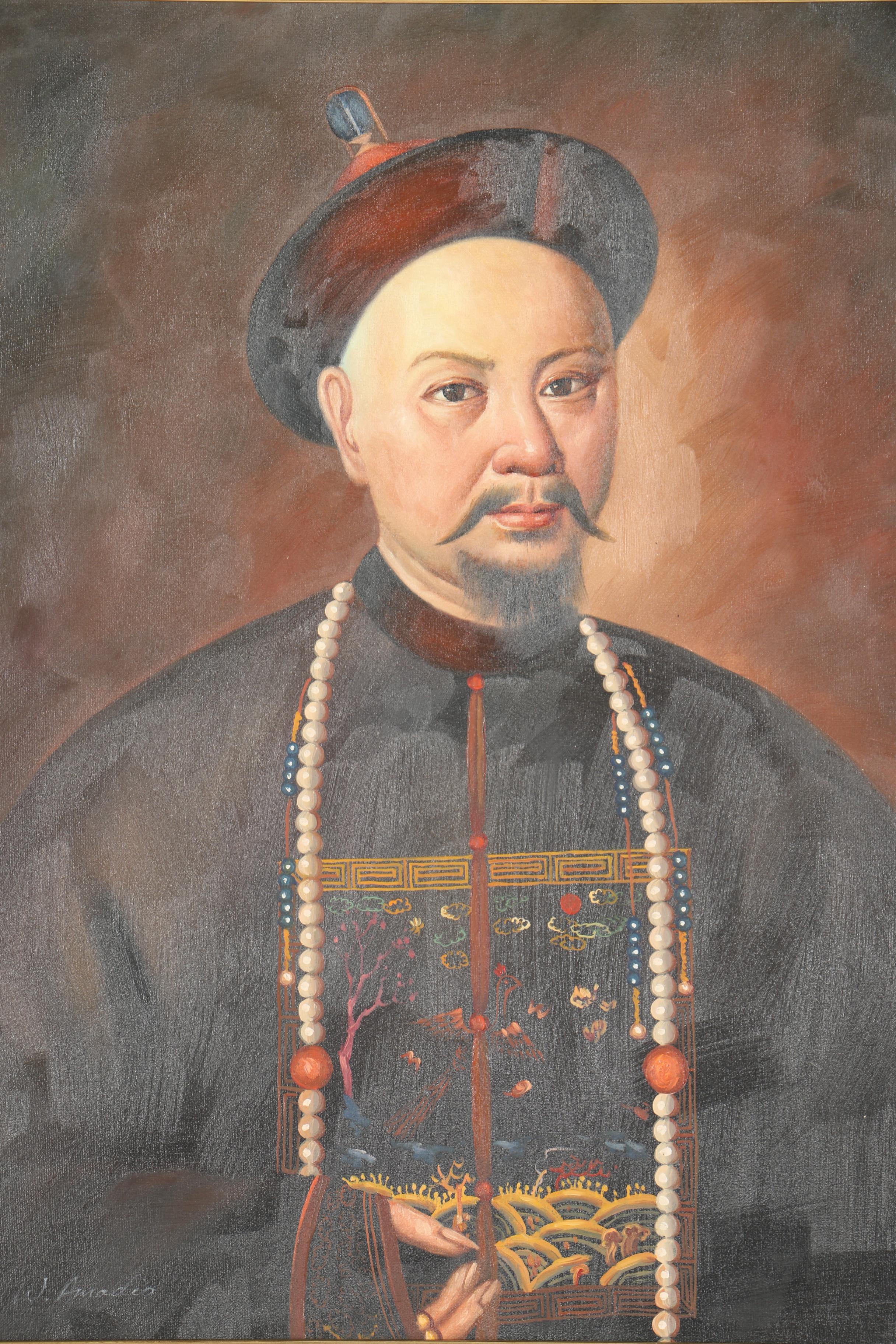 W. Amadio Oil Painting on Canvas of Qing Dynasty Civil Official