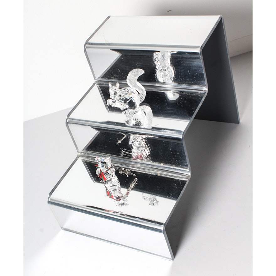 Swarovski Crystal Squirrel and Skiing Bear Figurines with Mirrored Display Stand