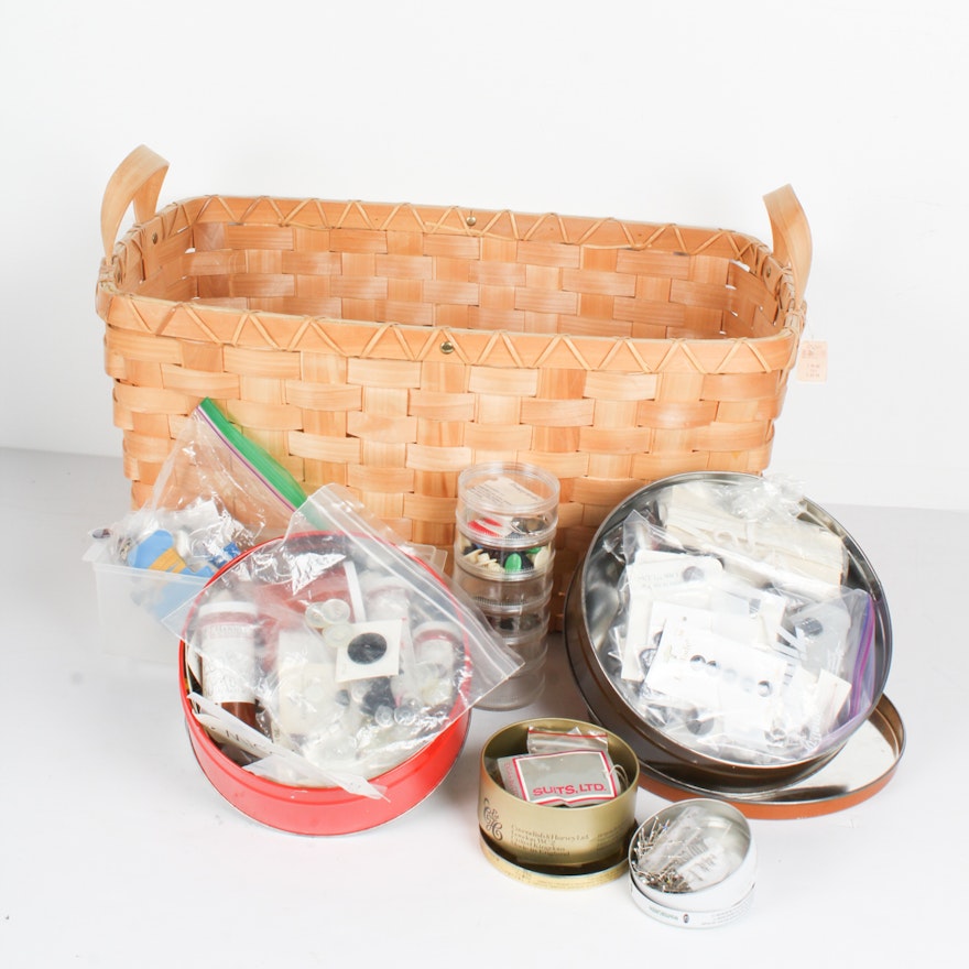 Vintage Sewing and Craft Supplies with Woven Basket