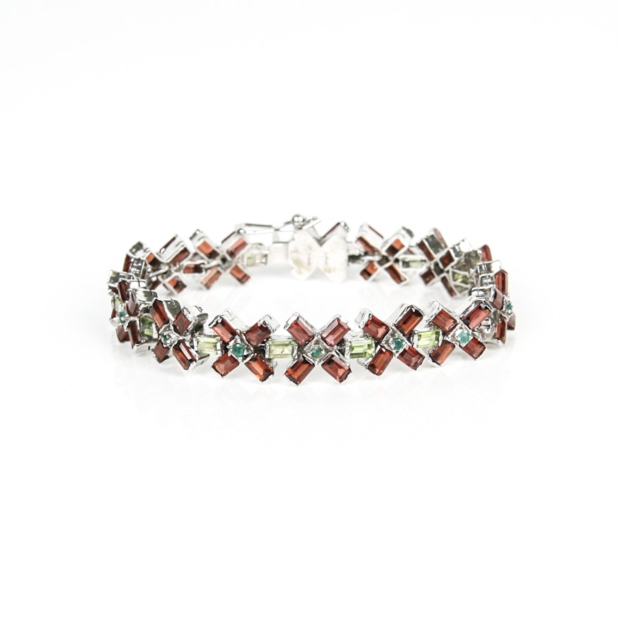 Sterling Silver Bracelet with Garnets, Emeralds and Peridot