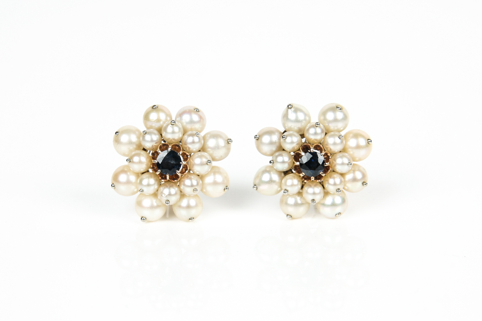 14K Yellow Gold Pearl and Sapphire Earrings