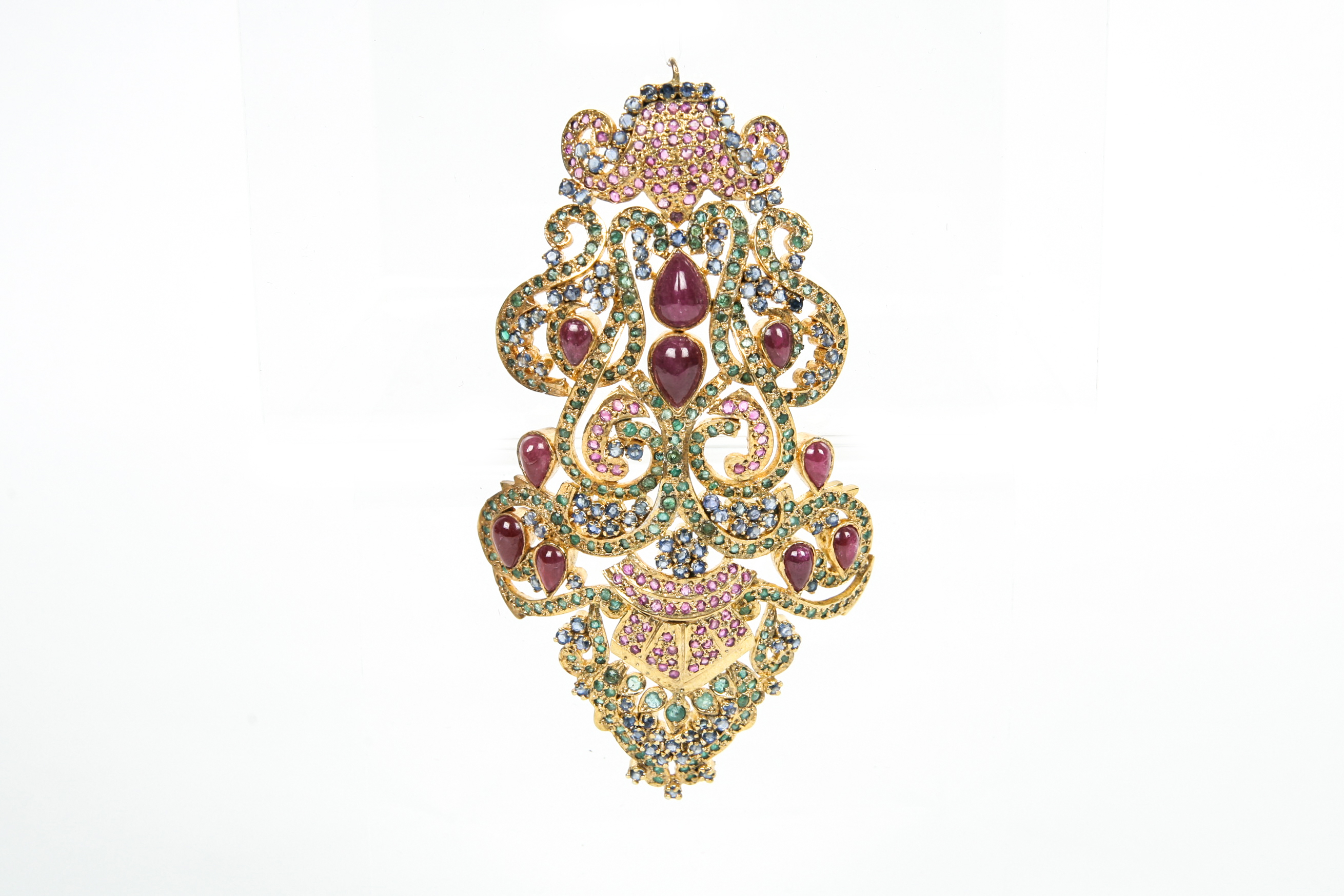 Large Gold Plated Gemstone Pendant with Rubies, Sapphires and Emeralds