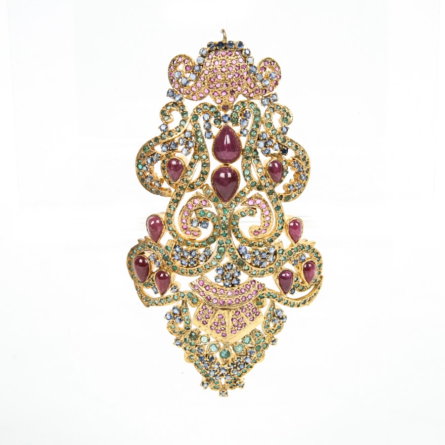 Large Gold Plated Gemstone Pendant with Rubies, Sapphires and Emeralds