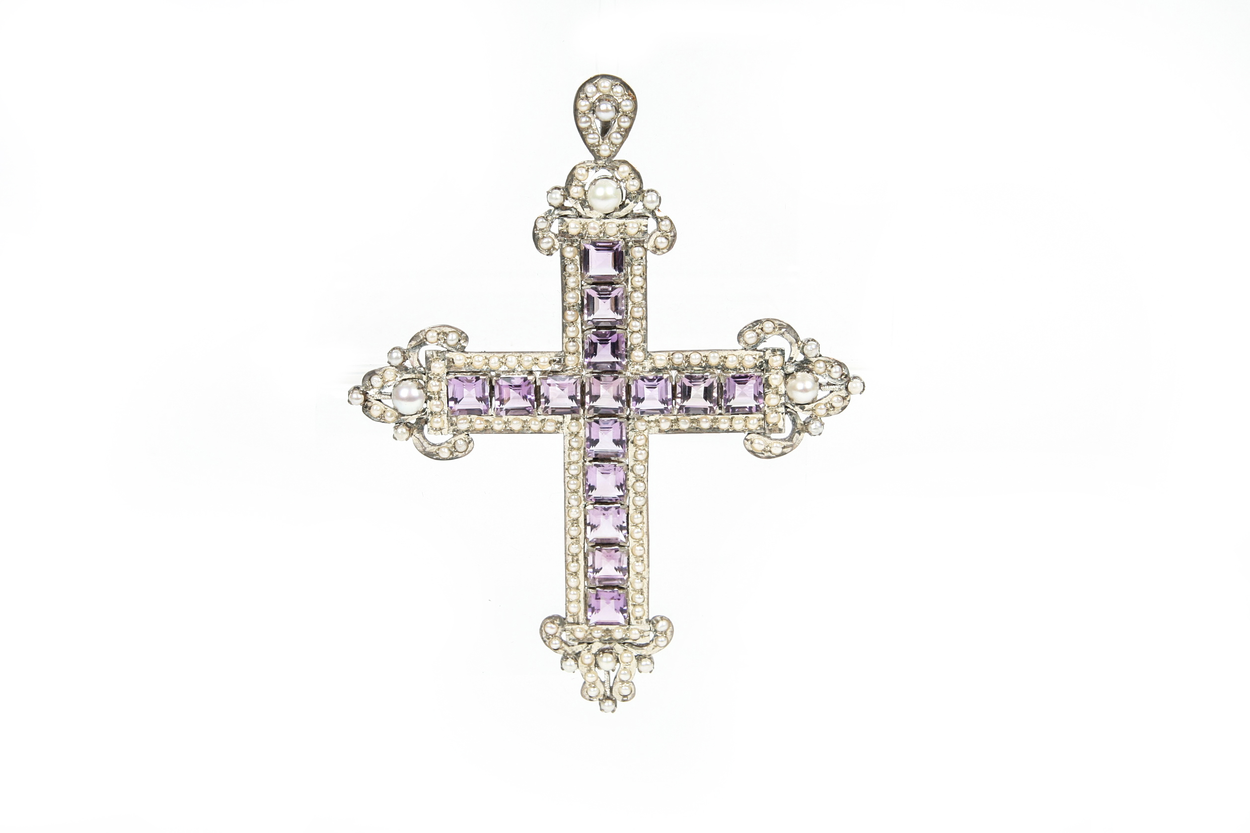 Large Sterling Silver Bishops Cross with Amethyst and Pearl