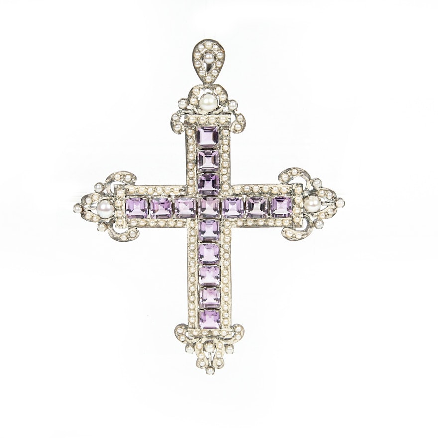 Large Sterling Silver Bishops Cross with Amethyst and Pearl