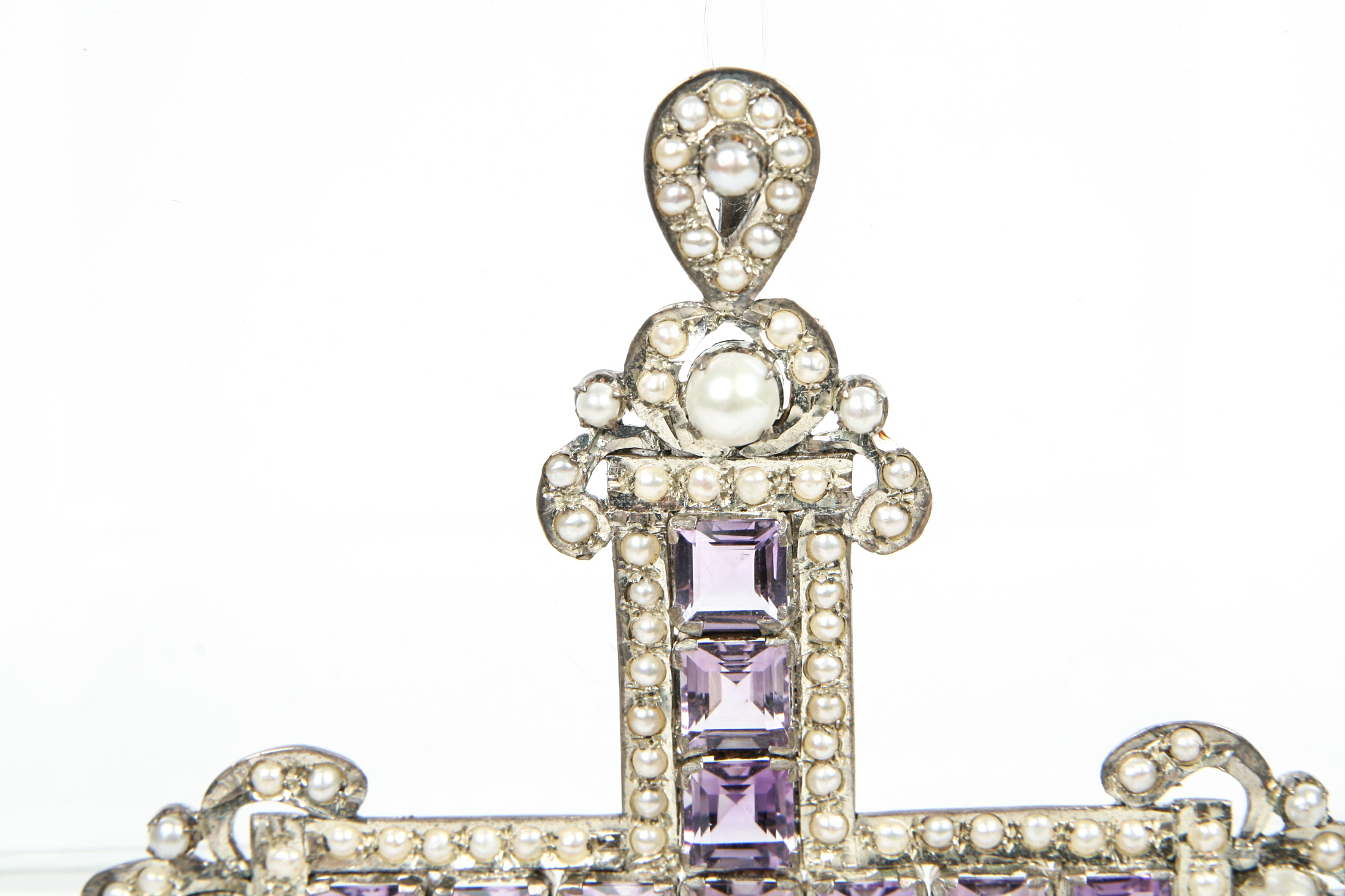 Large Sterling Silver Bishops Cross with Amethyst and Pearl