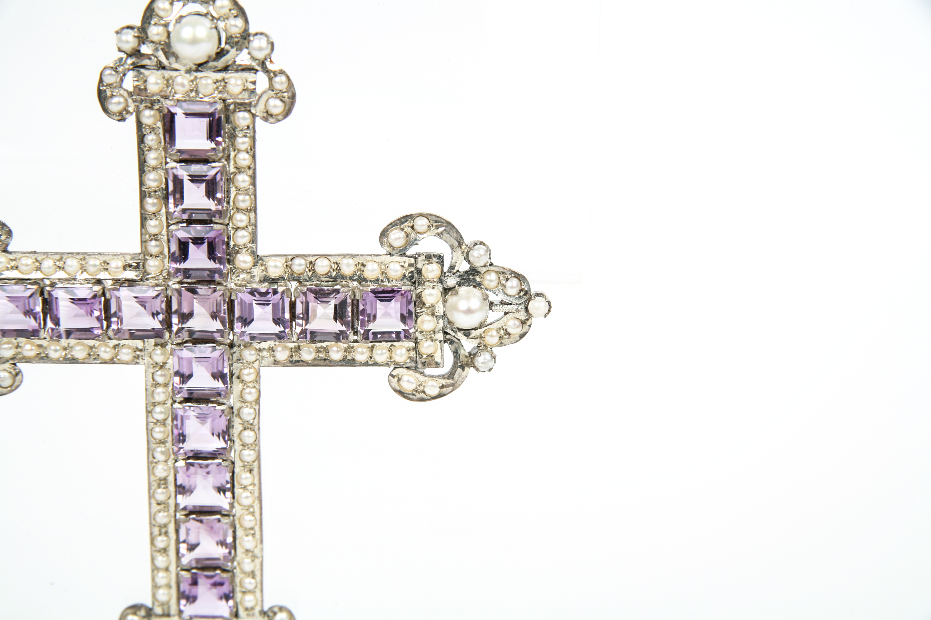 Large Sterling Silver Bishops Cross with Amethyst and Pearl