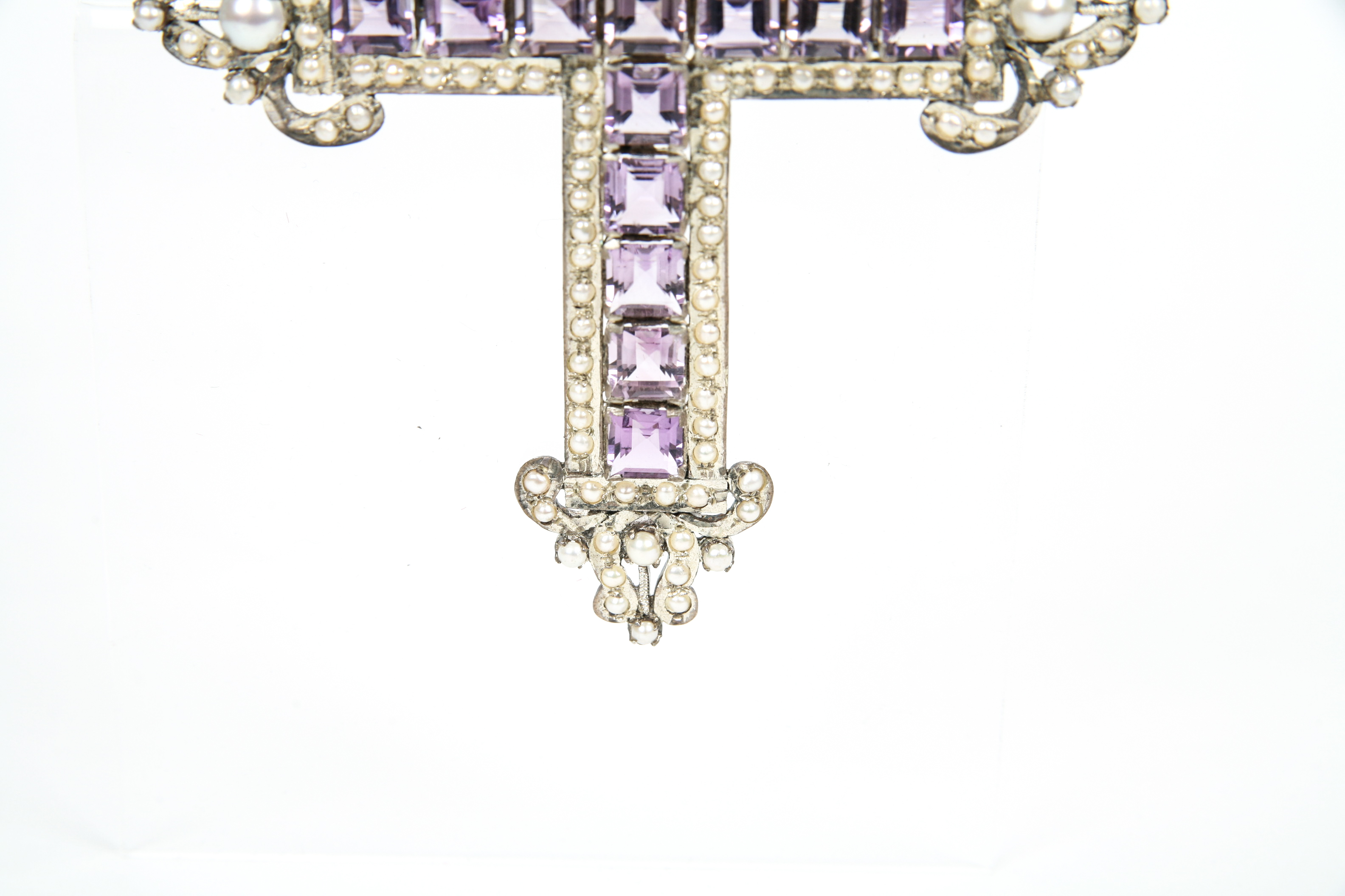 Large Sterling Silver Bishops Cross with Amethyst and Pearl