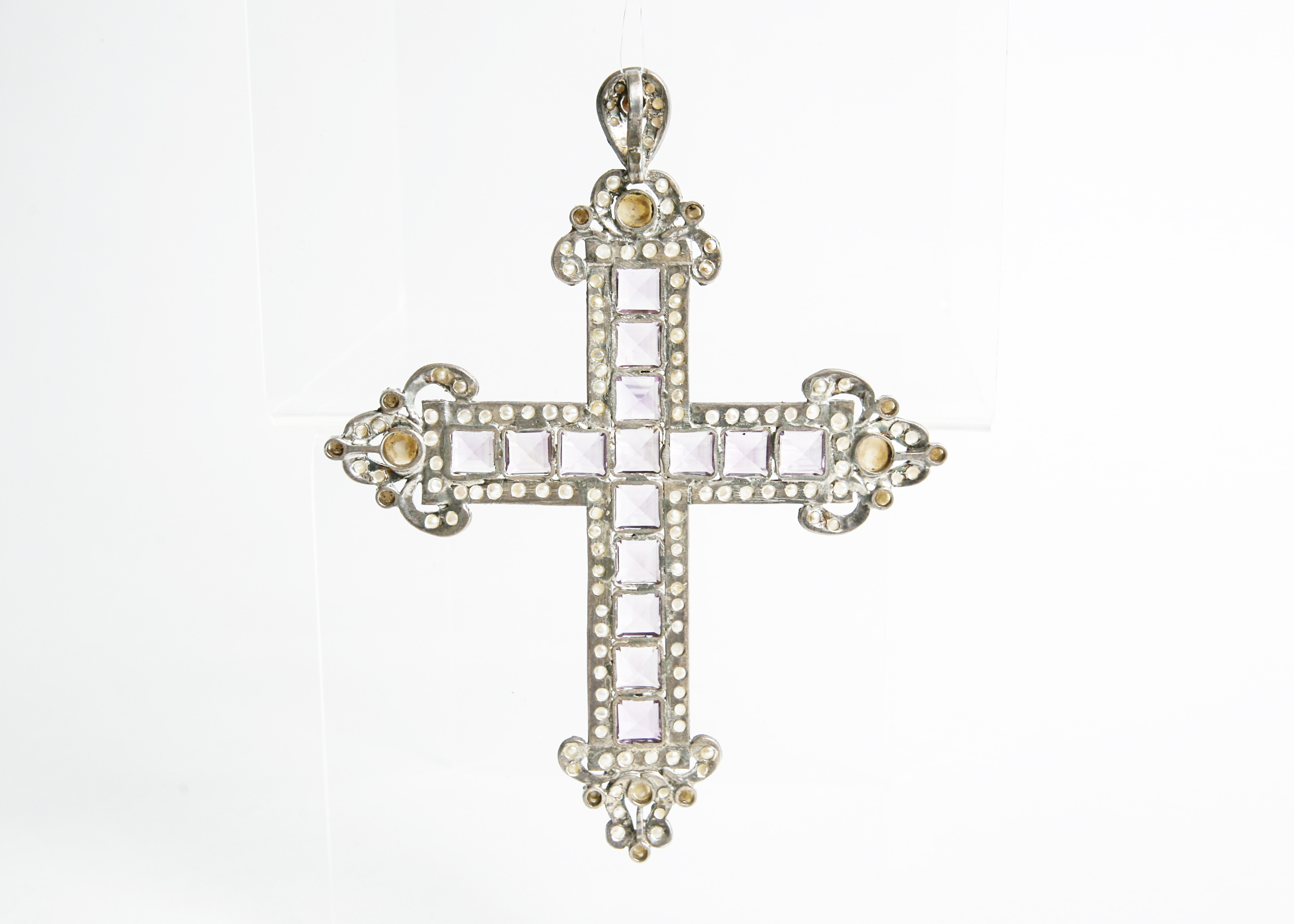 Large Sterling Silver Bishops Cross with Amethyst and Pearl