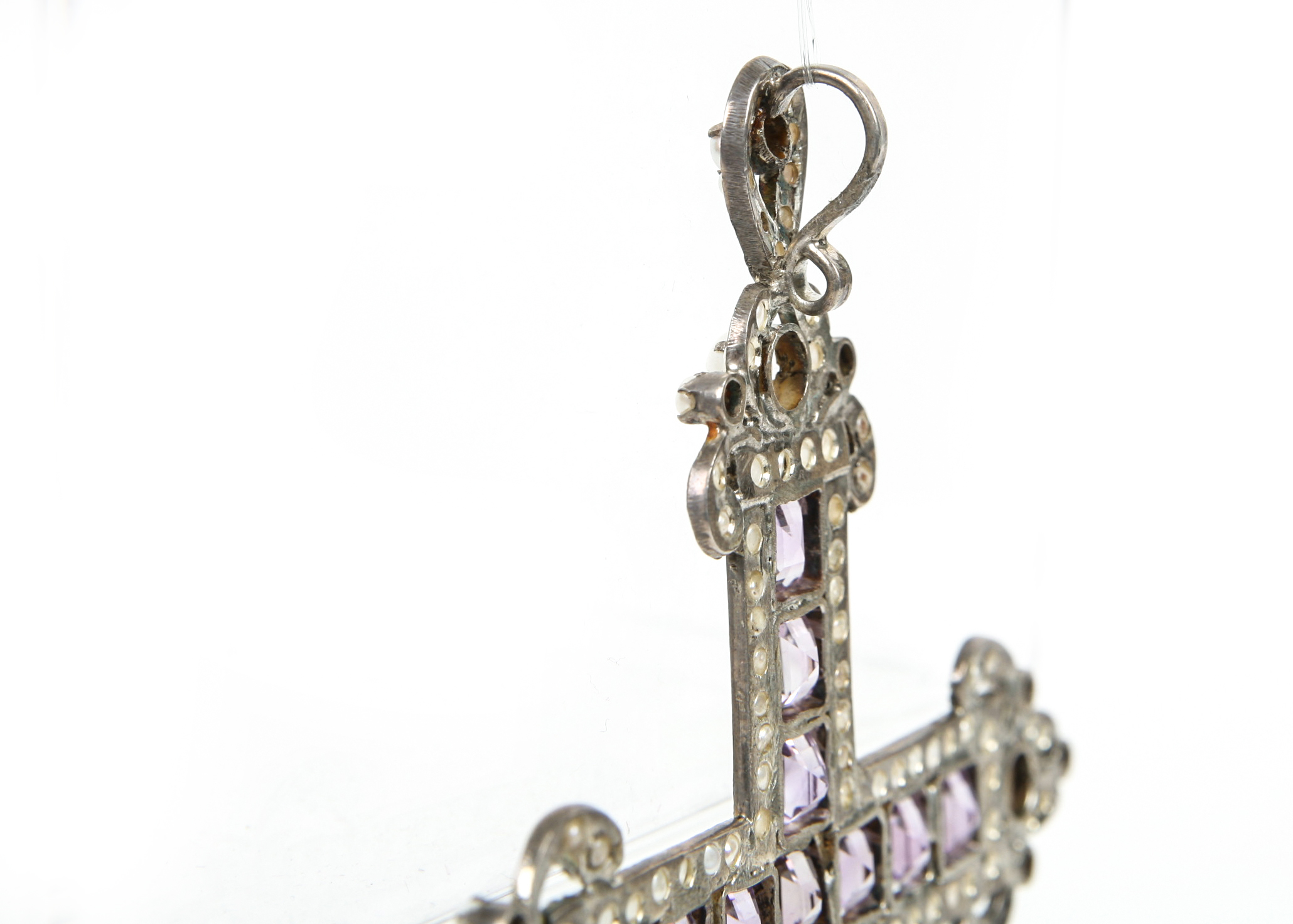 Large Sterling Silver Bishops Cross with Amethyst and Pearl