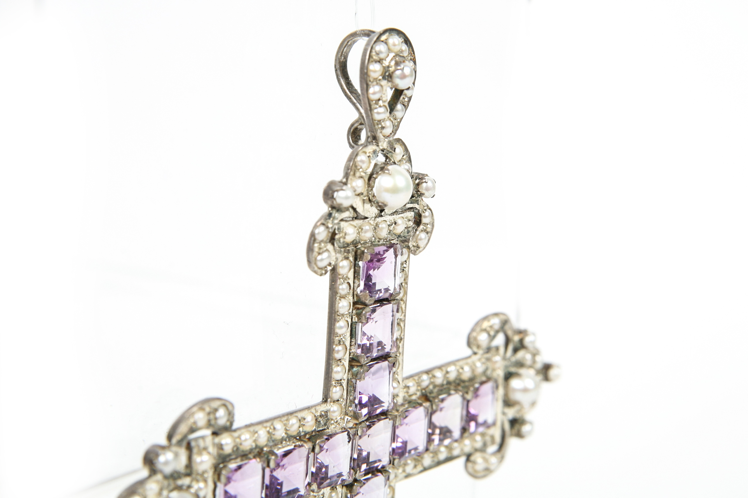Large Sterling Silver Bishops Cross with Amethyst and Pearl