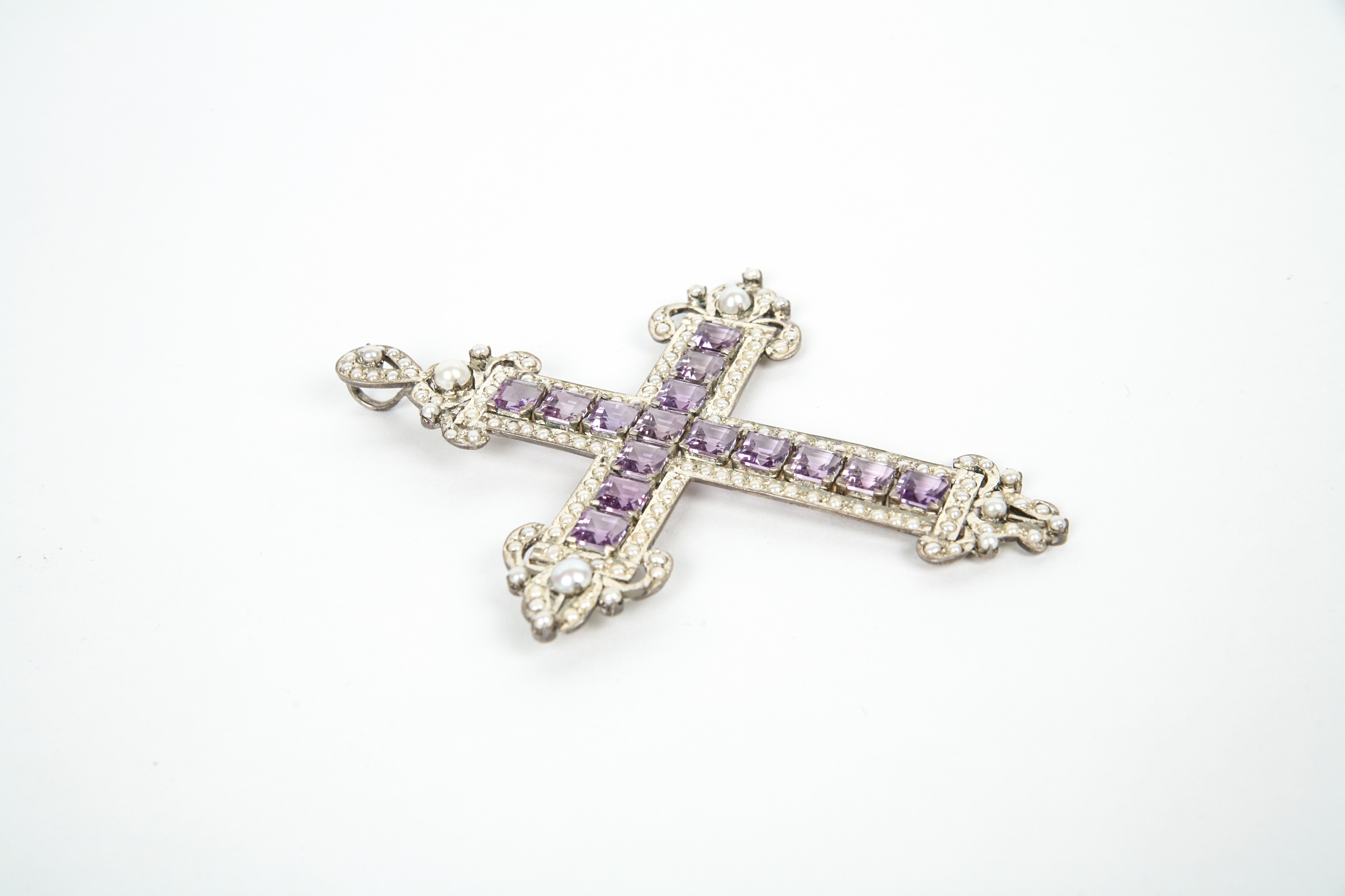 Large Sterling Silver Bishops Cross with Amethyst and Pearl