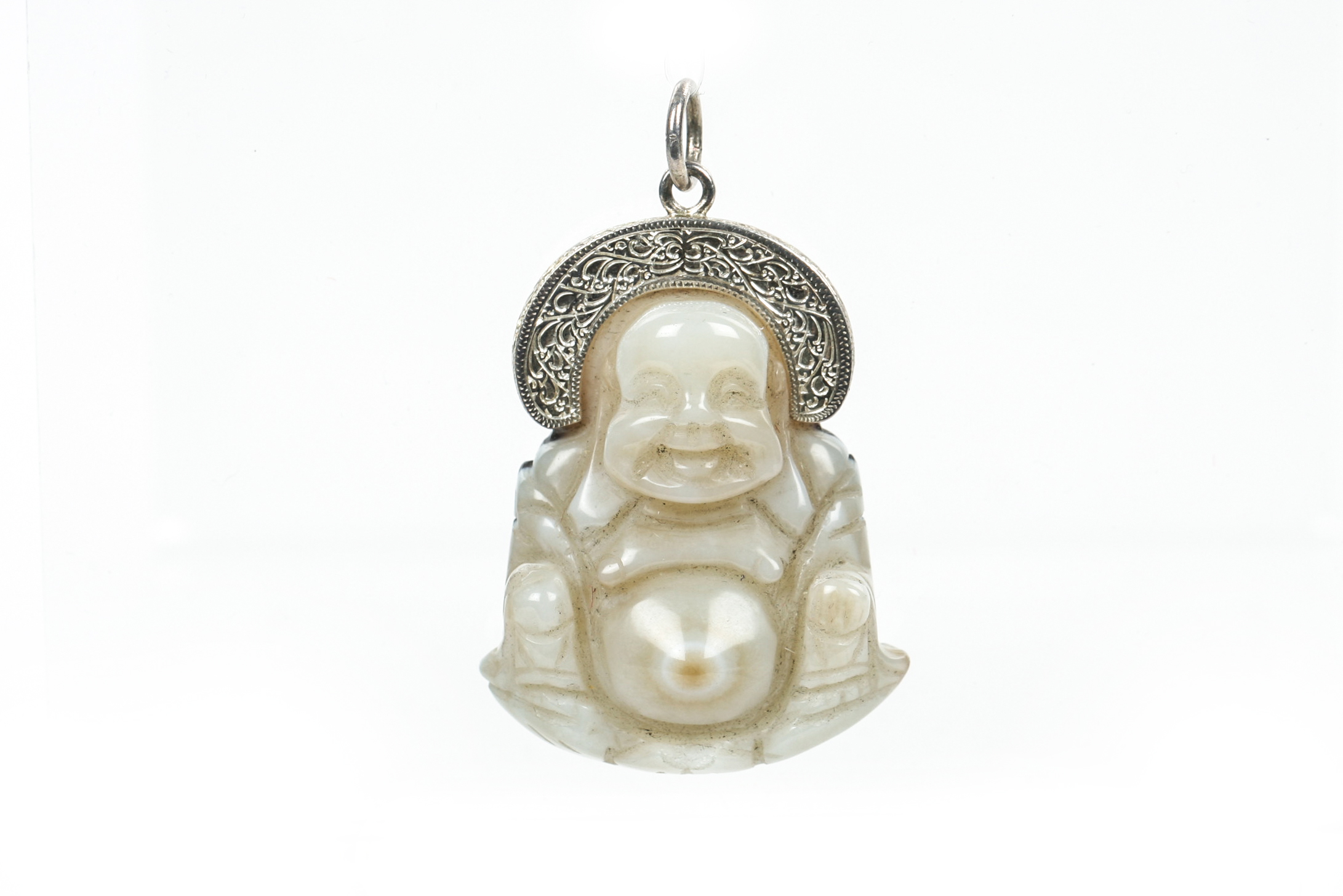 Agate Budai Pendant with Elaborate Hand Engraved Sterling Silver Halo and Bail