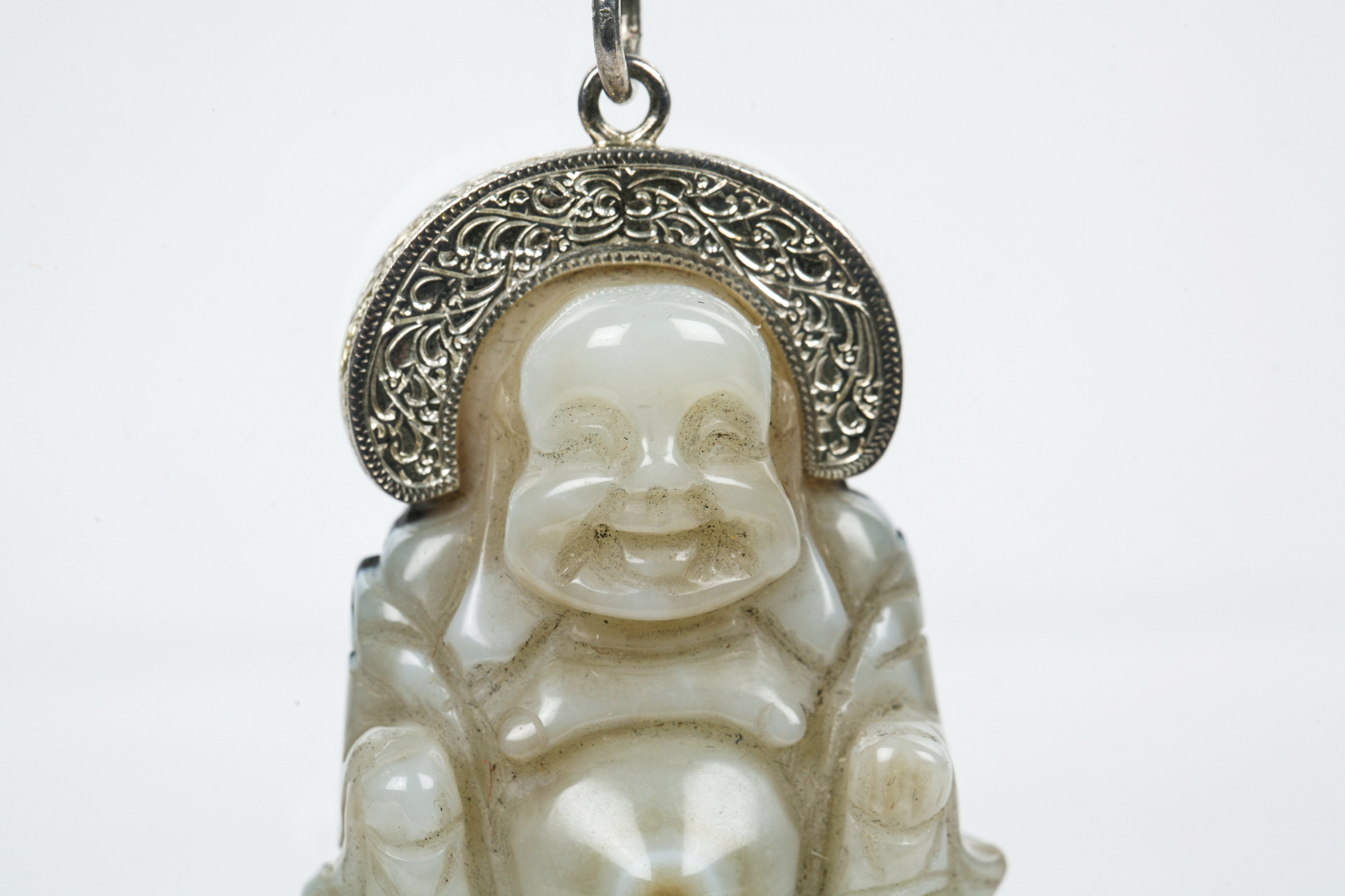 Agate Budai Pendant with Elaborate Hand Engraved Sterling Silver Halo and Bail