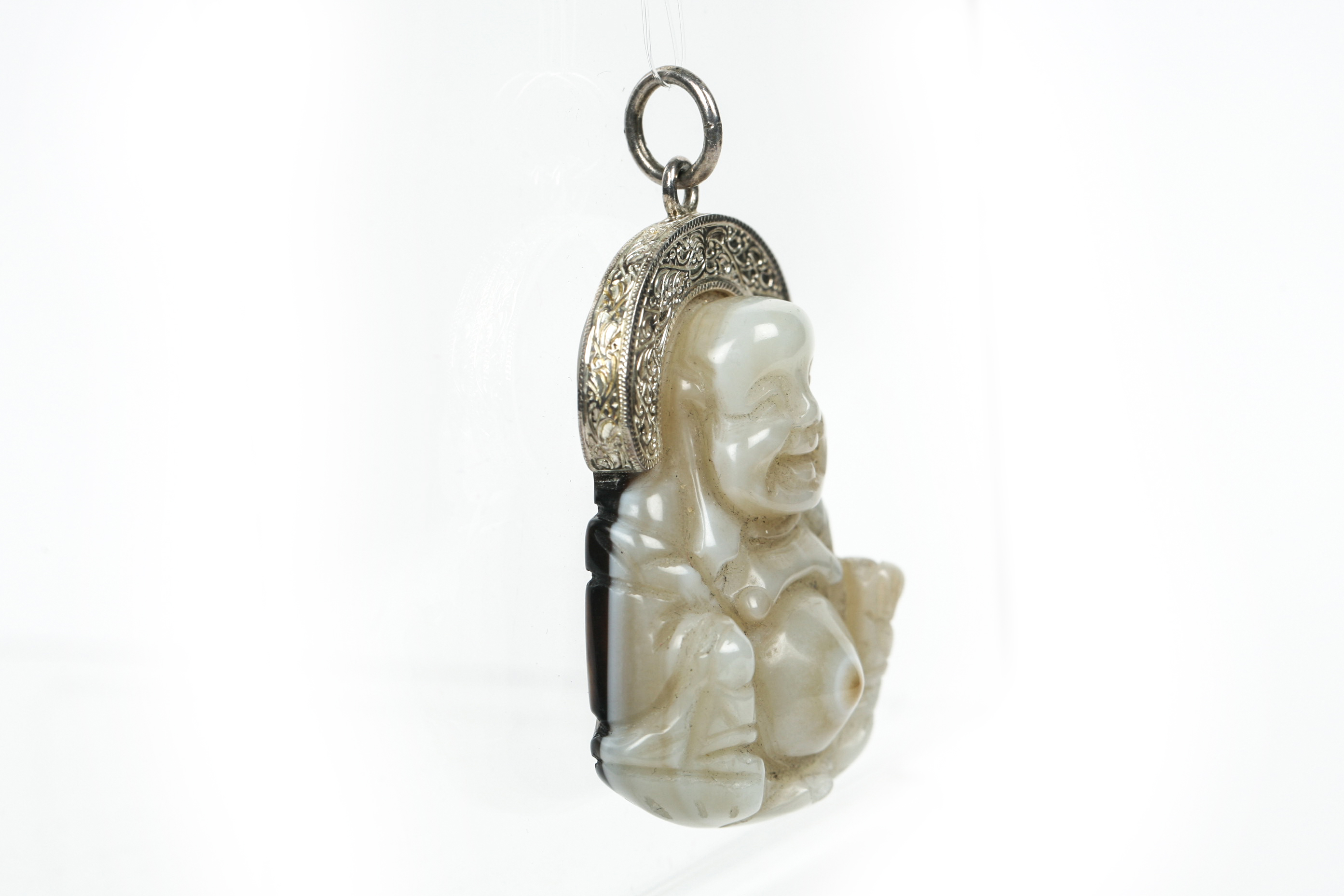 Agate Budai Pendant with Elaborate Hand Engraved Sterling Silver Halo and Bail