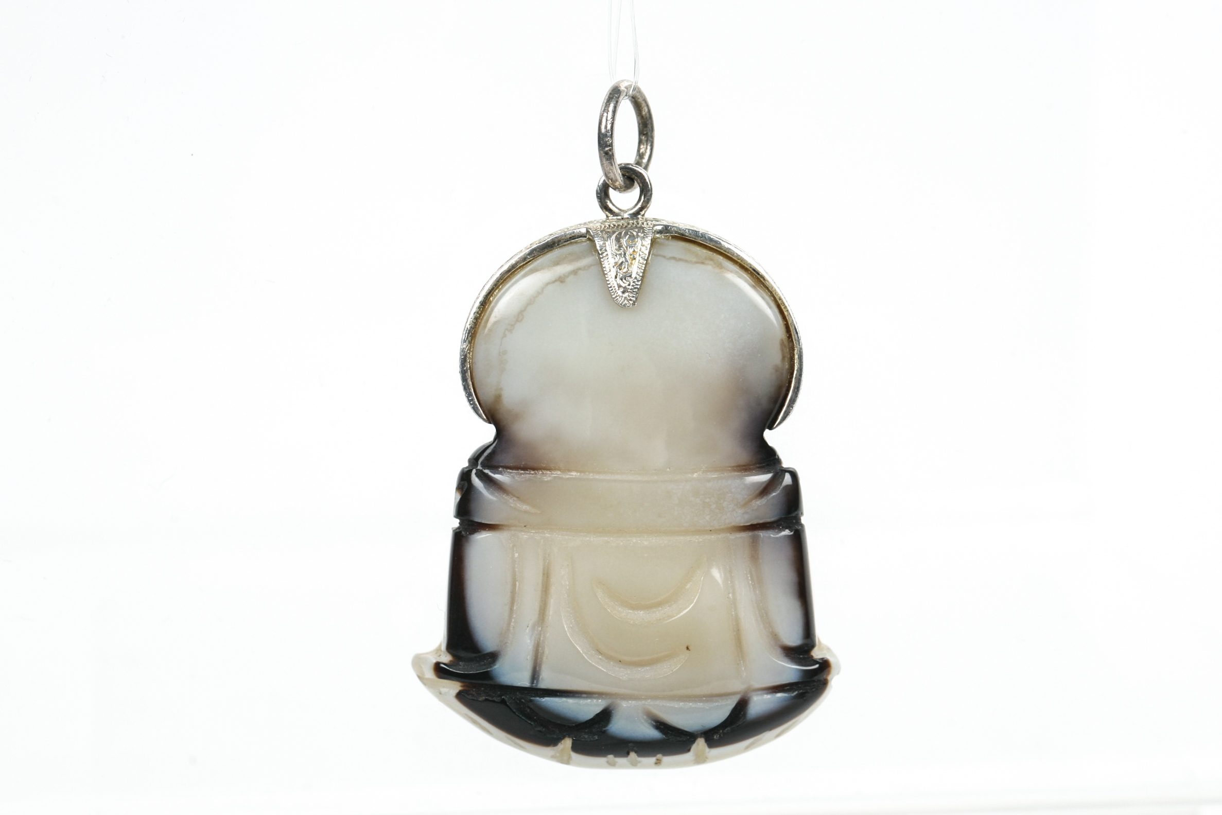 Agate Budai Pendant with Elaborate Hand Engraved Sterling Silver Halo and Bail