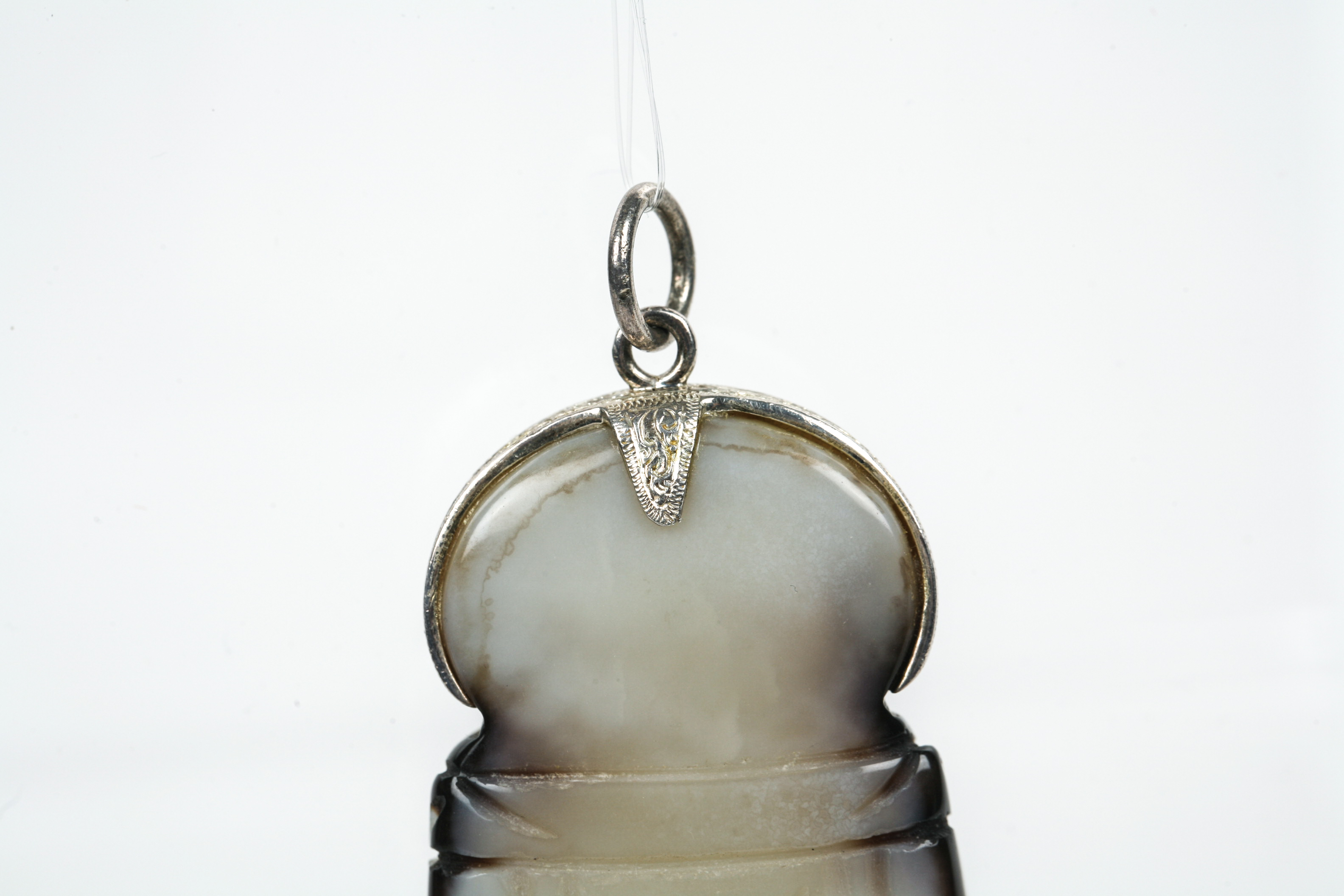 Agate Budai Pendant with Elaborate Hand Engraved Sterling Silver Halo and Bail