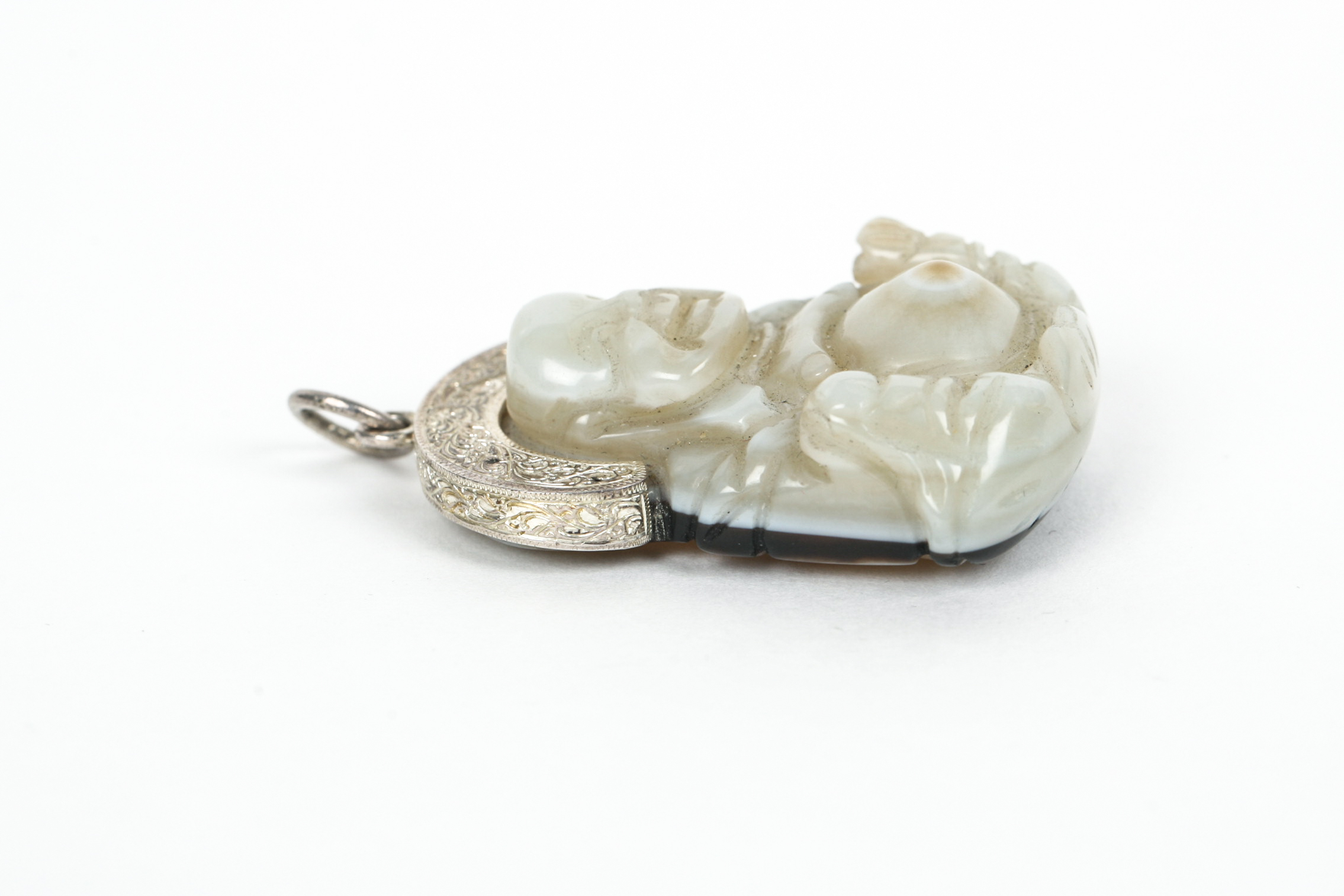 Agate Budai Pendant with Elaborate Hand Engraved Sterling Silver Halo and Bail