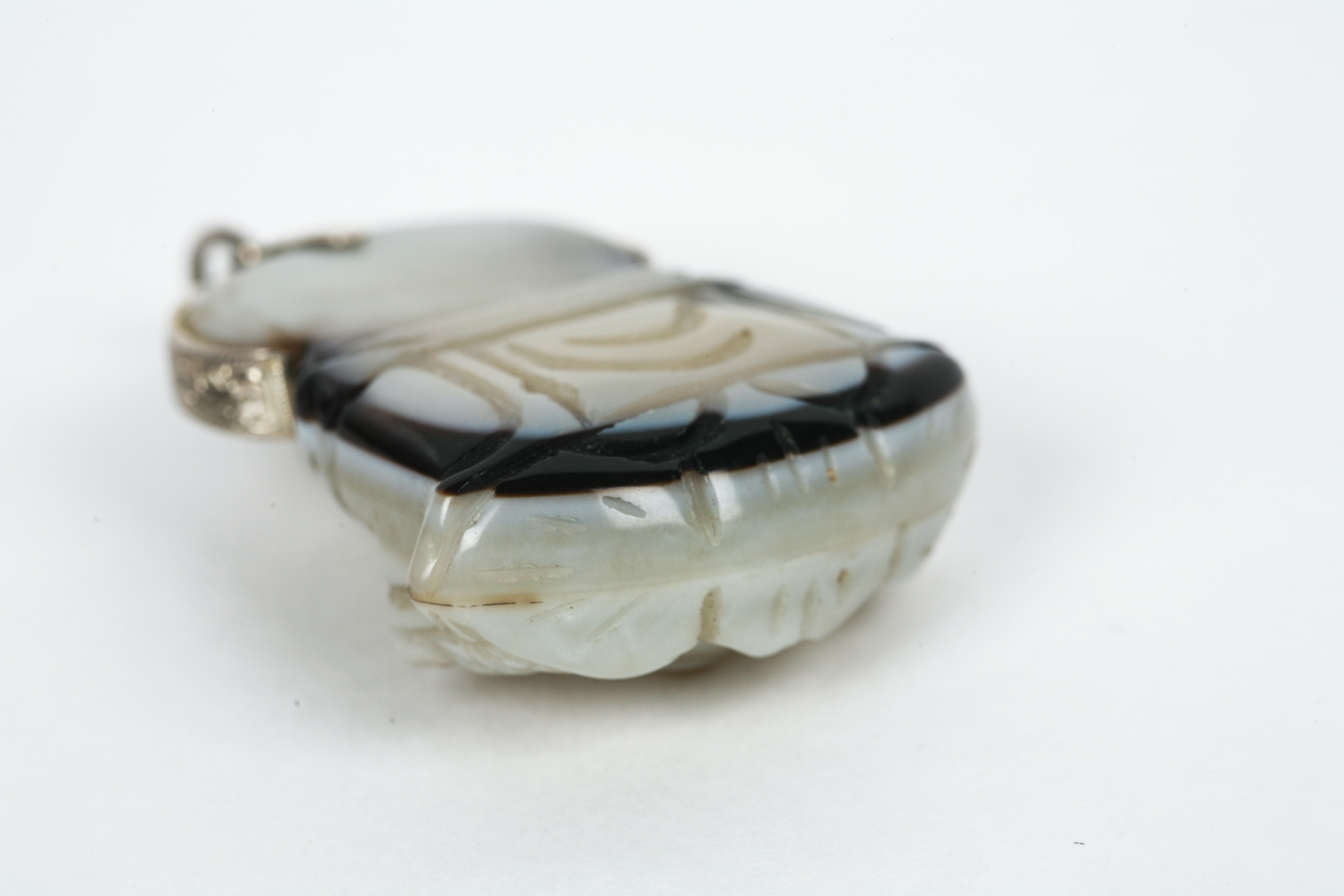 Agate Budai Pendant with Elaborate Hand Engraved Sterling Silver Halo and Bail