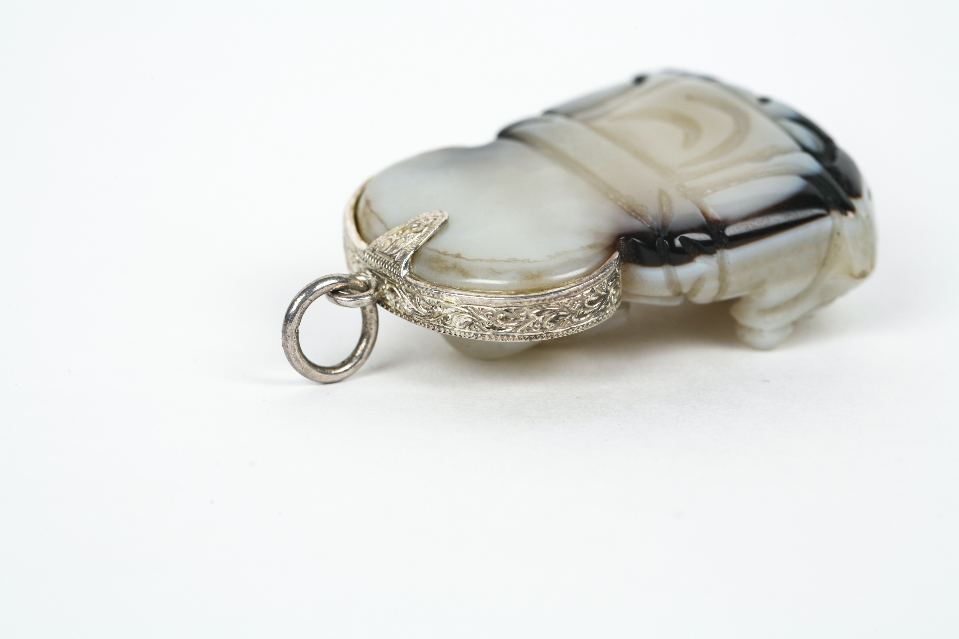 Agate Budai Pendant with Elaborate Hand Engraved Sterling Silver Halo and Bail
