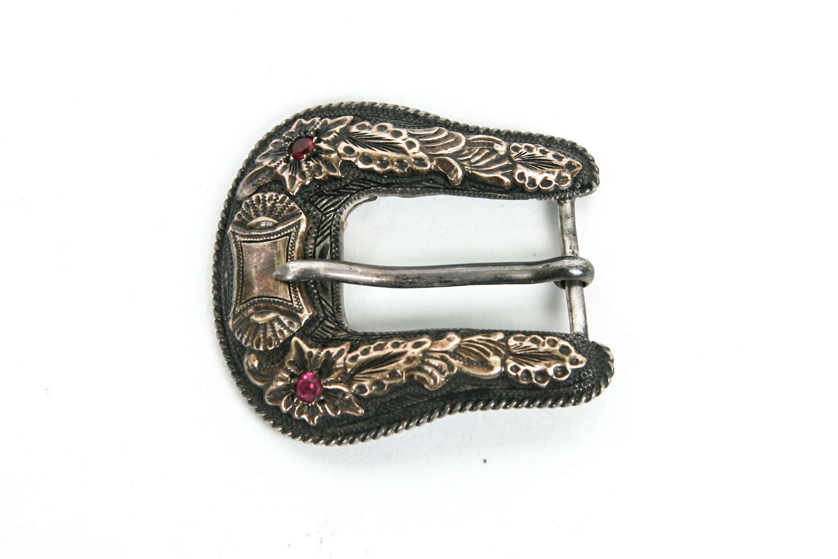 Sterling Silver Belt Buckle with Synthetic Rubies and 14K Gold Accents
