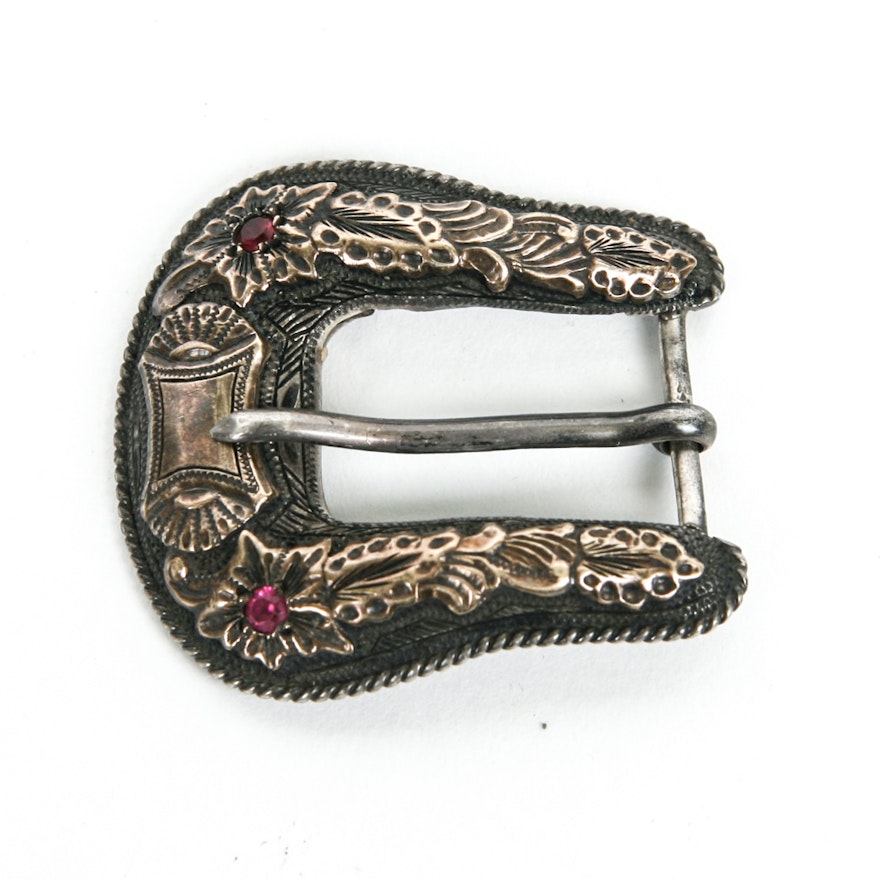Sterling Silver Belt Buckle with Synthetic Rubies and 14K Gold Accents