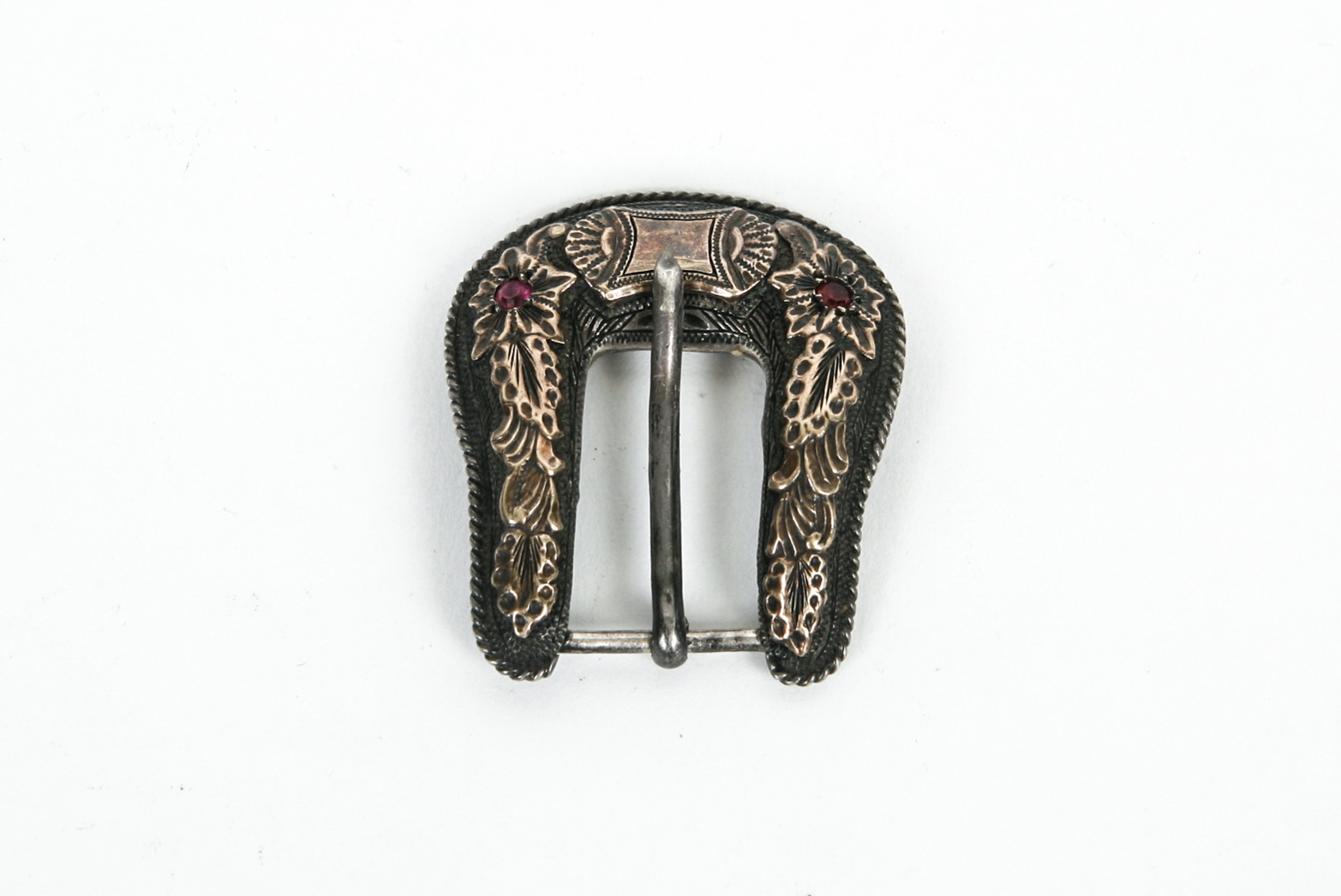 Sterling Silver Belt Buckle with Synthetic Rubies and 14K Gold Accents