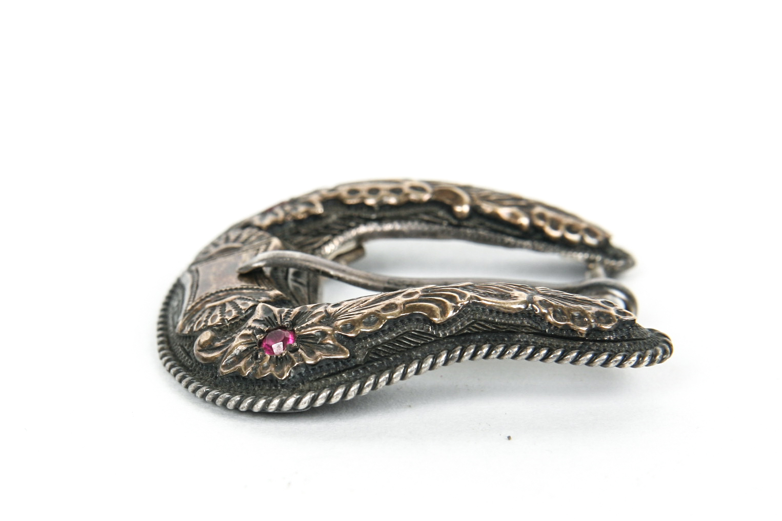 Sterling Silver Belt Buckle with Synthetic Rubies and 14K Gold Accents