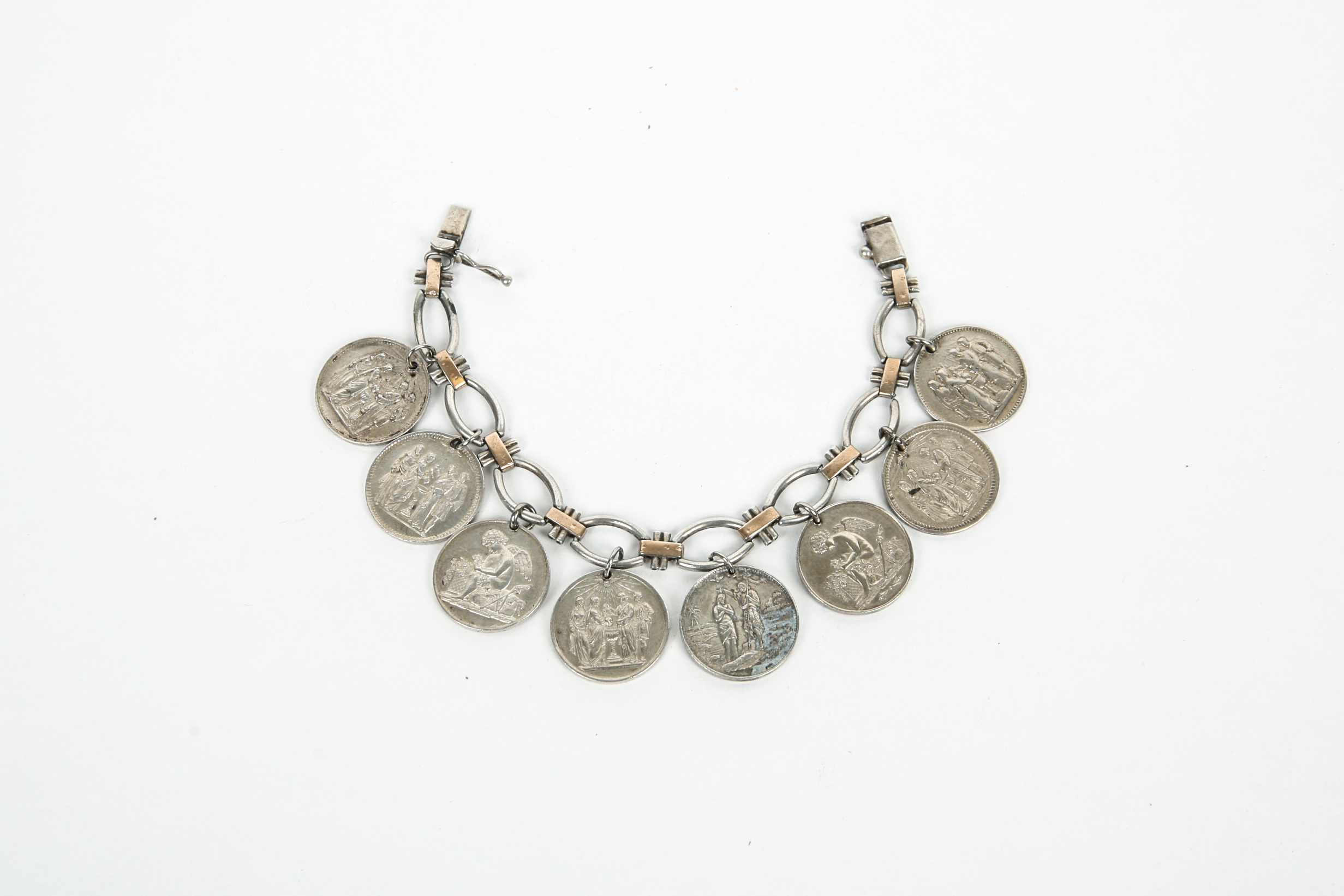 Sterling Silver Bracelet with 18K Accents and Eight Antique Sterling Silver Baptismal Medals
