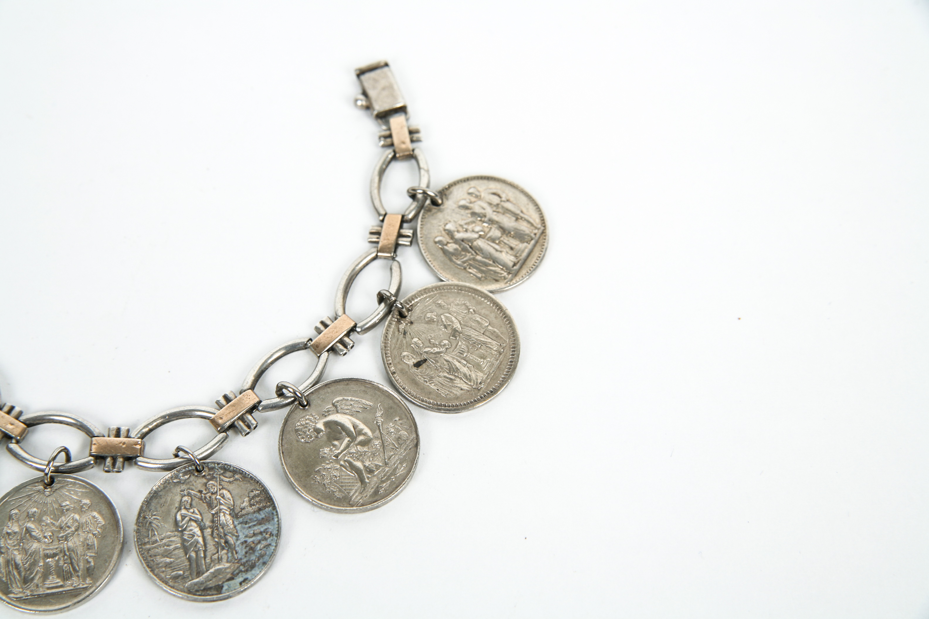 Sterling Silver Bracelet with 18K Accents and Eight Antique Sterling Silver Baptismal Medals