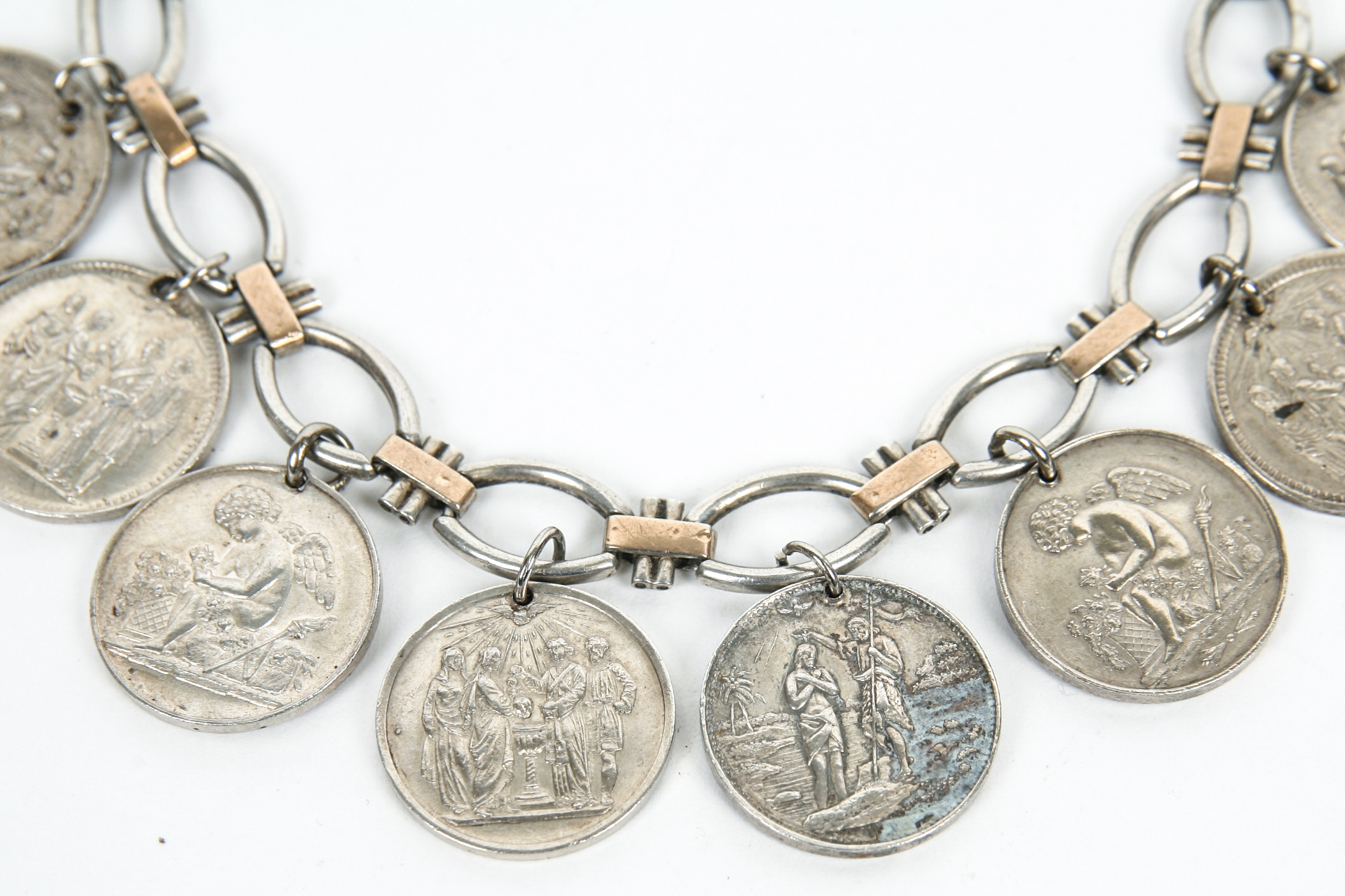 Sterling Silver Bracelet with 18K Accents and Eight Antique Sterling Silver Baptismal Medals