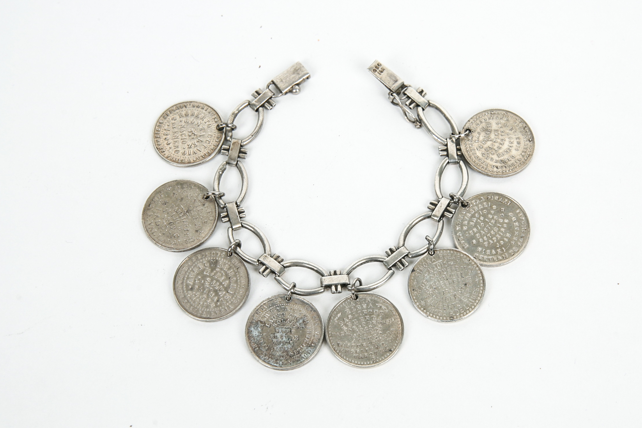 Sterling Silver Bracelet with 18K Accents and Eight Antique Sterling Silver Baptismal Medals