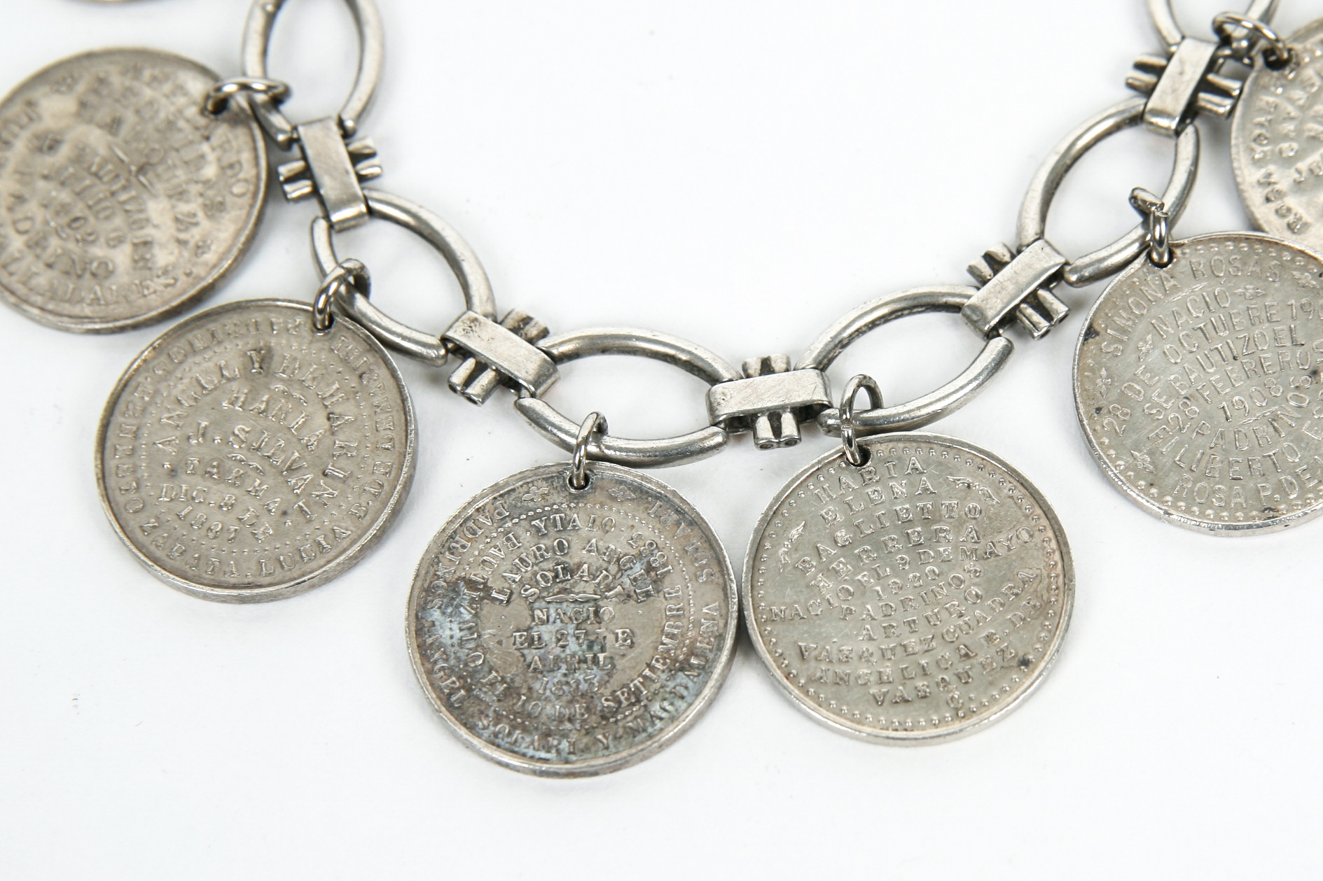 Sterling Silver Bracelet with 18K Accents and Eight Antique Sterling Silver Baptismal Medals