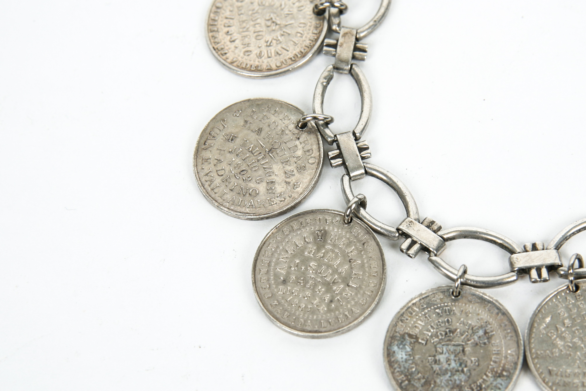 Sterling Silver Bracelet with 18K Accents and Eight Antique Sterling Silver Baptismal Medals