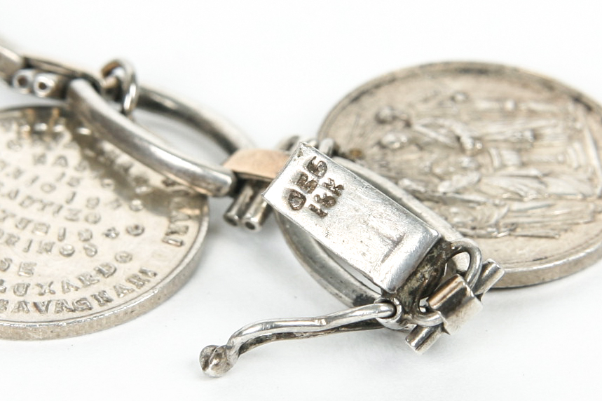 Sterling Silver Bracelet with 18K Accents and Eight Antique Sterling Silver Baptismal Medals