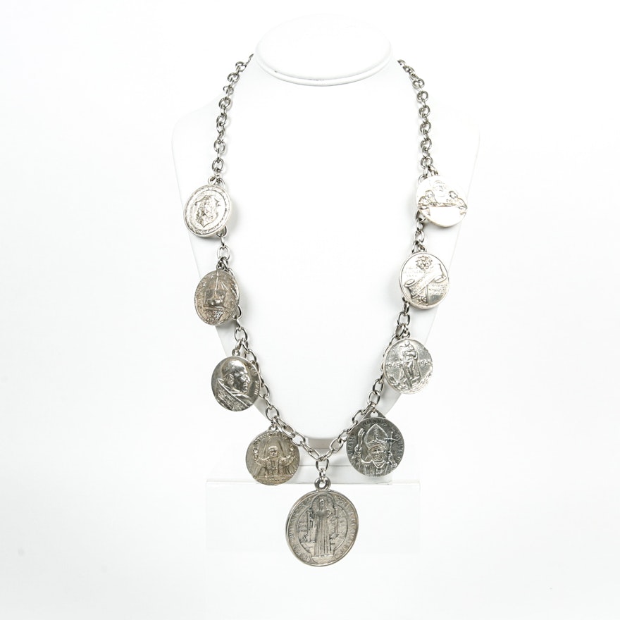 Silver Plated Chain with Religious Medallions
