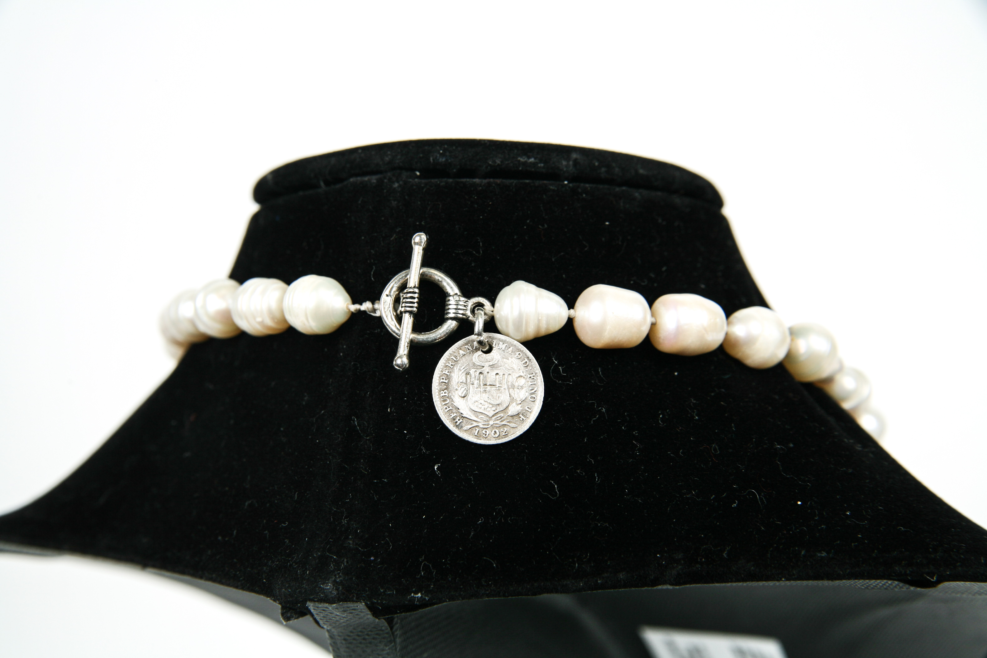 Baroque Pearl Necklace with Silver Tone Medallions