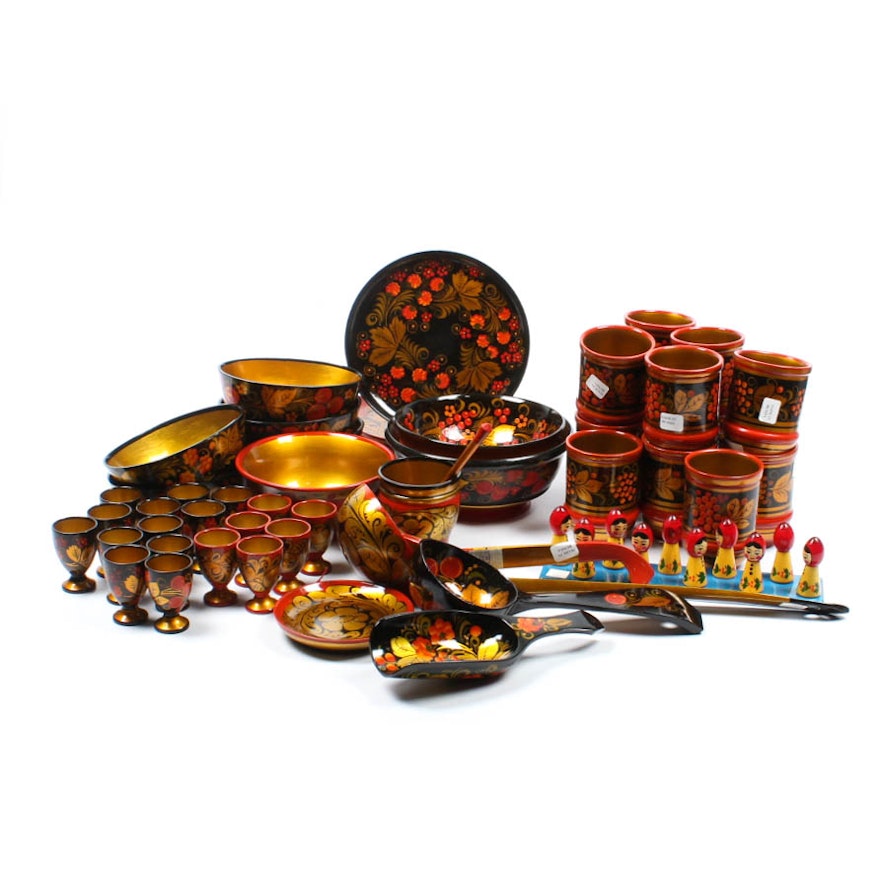 Mid-Century Lacquered USSR-Made Wood Dishware