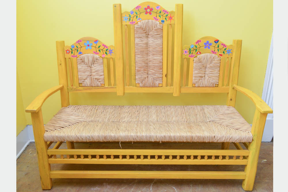 Hand Painted Mexican Pine Bench with Tula Rush Woven Seat
