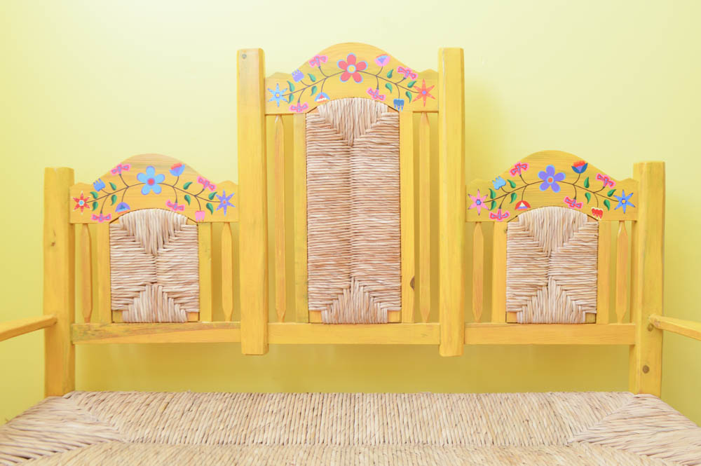 Hand Painted Mexican Pine Bench with Tula Rush Woven Seat